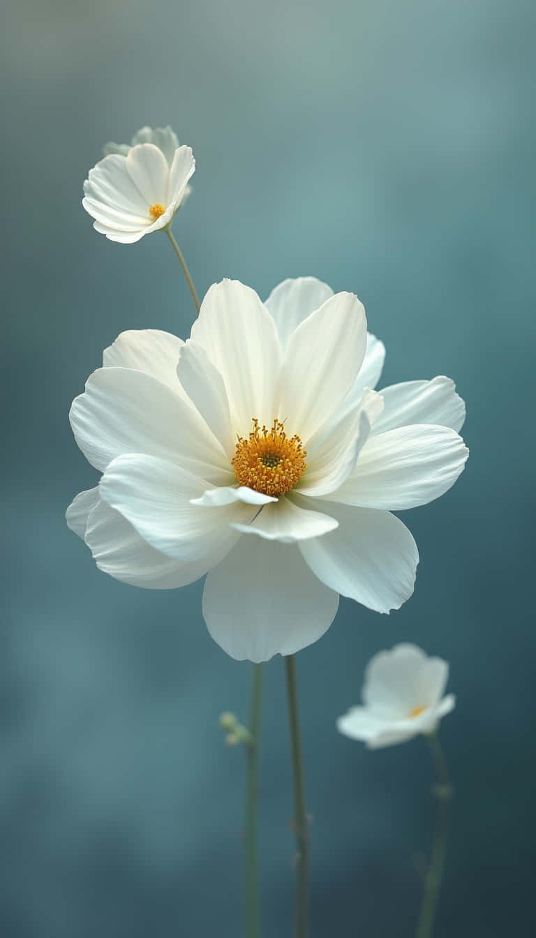 Flower 壁紙 — 三朵精緻的白色波斯菊，金色花蕊在柔和的青綠色背景上輕輕綻放。