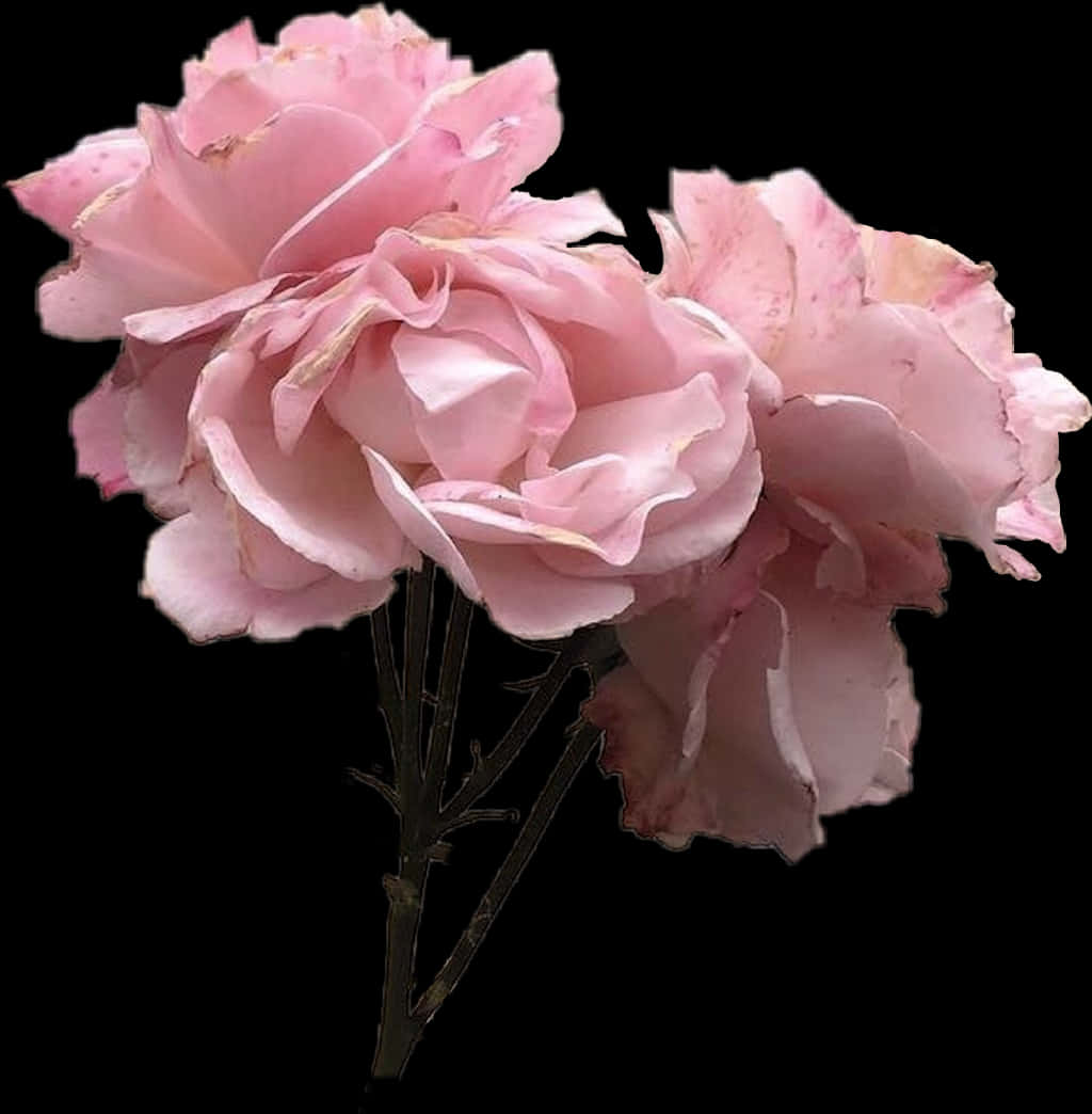 Tumblr Pink 桌布 壁紙 — 三朵精緻的粉紅玫瑰，花瓣略顯枯萎，莖部深色，在純黑背景下格外突出。