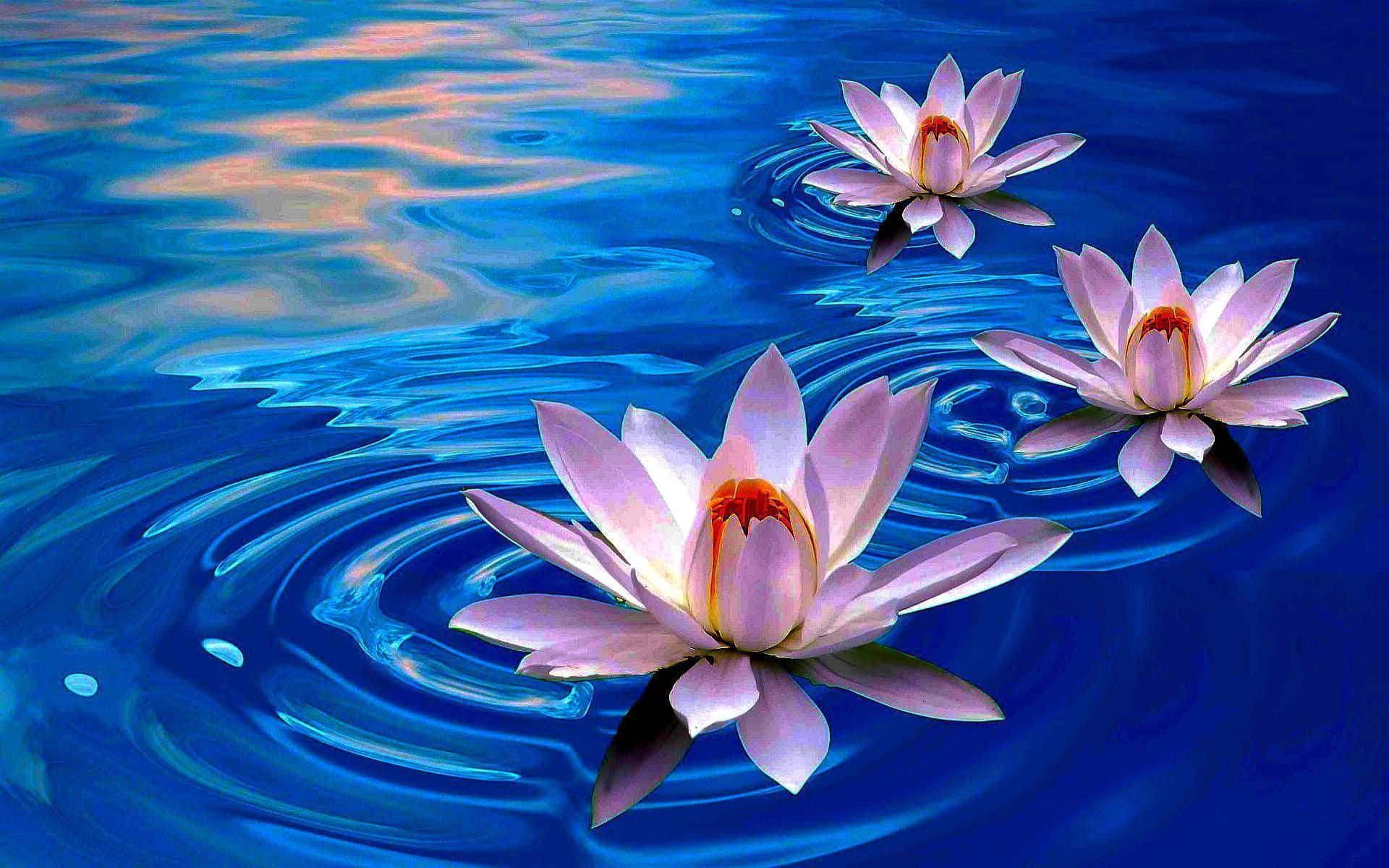 lotus 桌布 壁紙 — 三朵精緻的粉紅色睡蓮在深藍色漣漪水面上寧靜地漂浮，帶有金色光線反射。