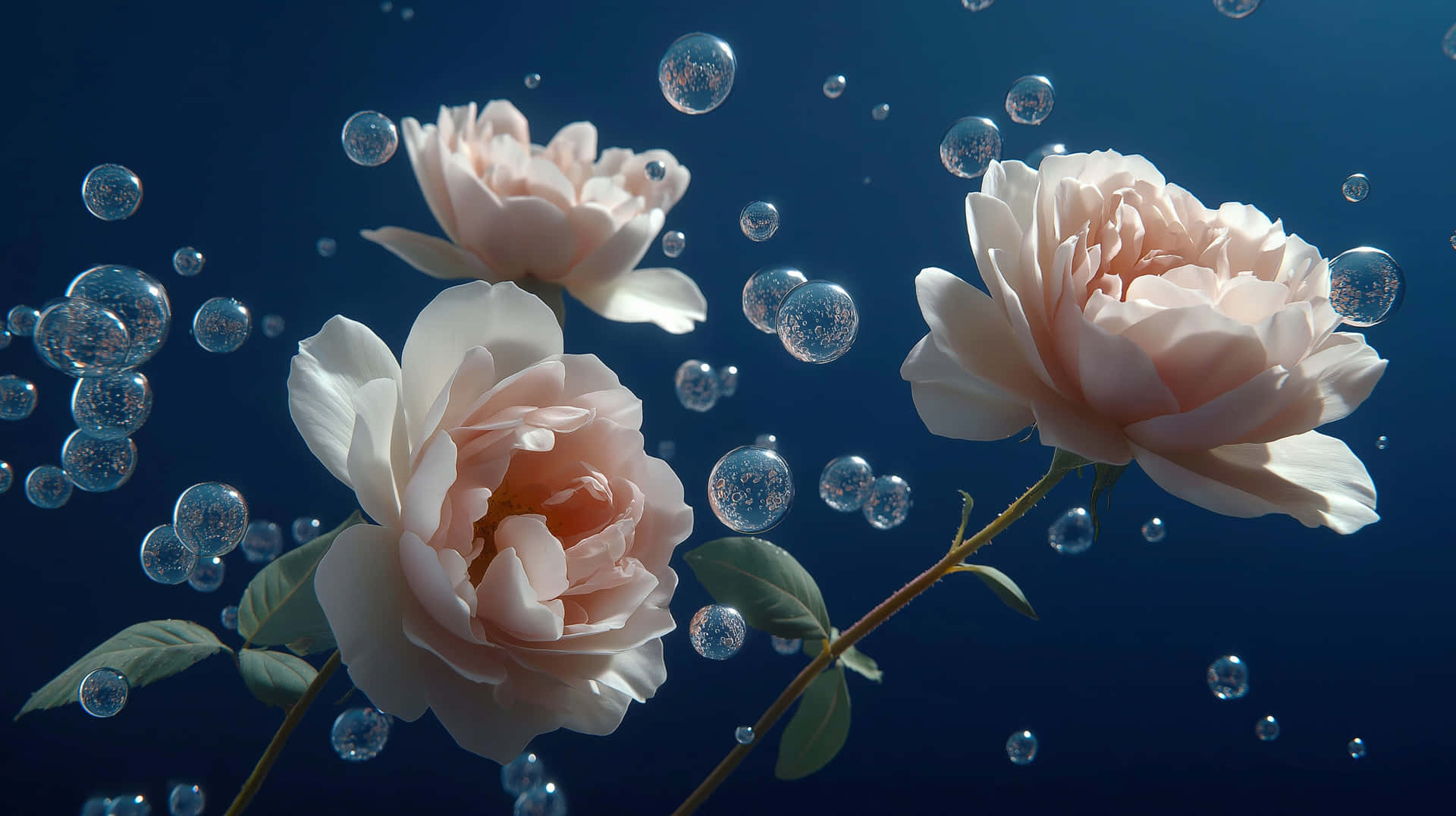 Delicate Pink Roses and Bubbles Adrift in Blue Depths 壁紙 — 三朵精緻的蜜桃玫瑰漂浮在水下，被閃爍的氣泡包圍，背景是深藍色。