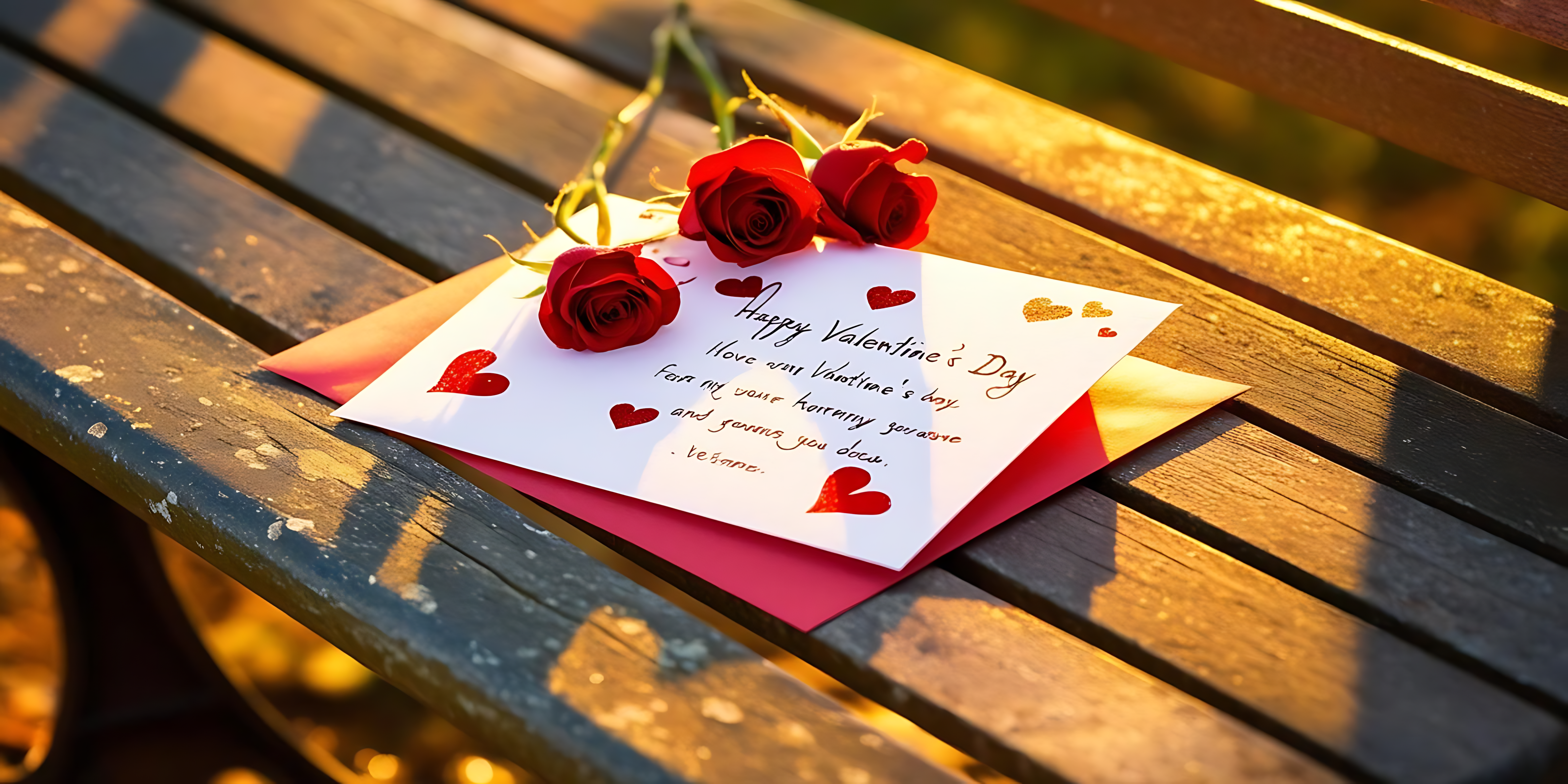 Roses 桌布 壁紙 — 三朵紅玫瑰和一張手寫情人節卡放在一張飽經風霜的木長椅上，沐浴在金色的陽光中。