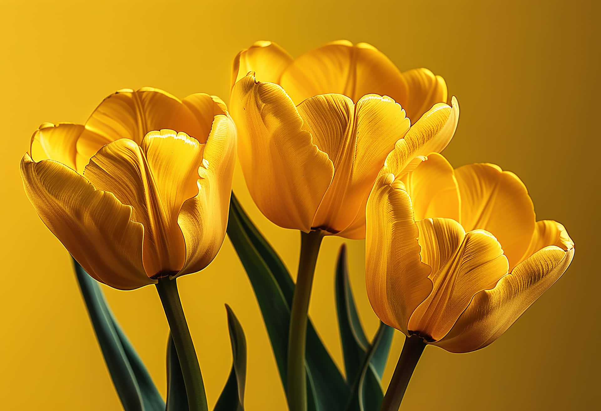 The Elegance of a Bright Yellow Tulip Revived by Raindrops 壁紙 — 三朵金色鬱金香在溫暖的黃色背景下綻放，柔和的光線突顯其精緻的花瓣和綠色的莖。