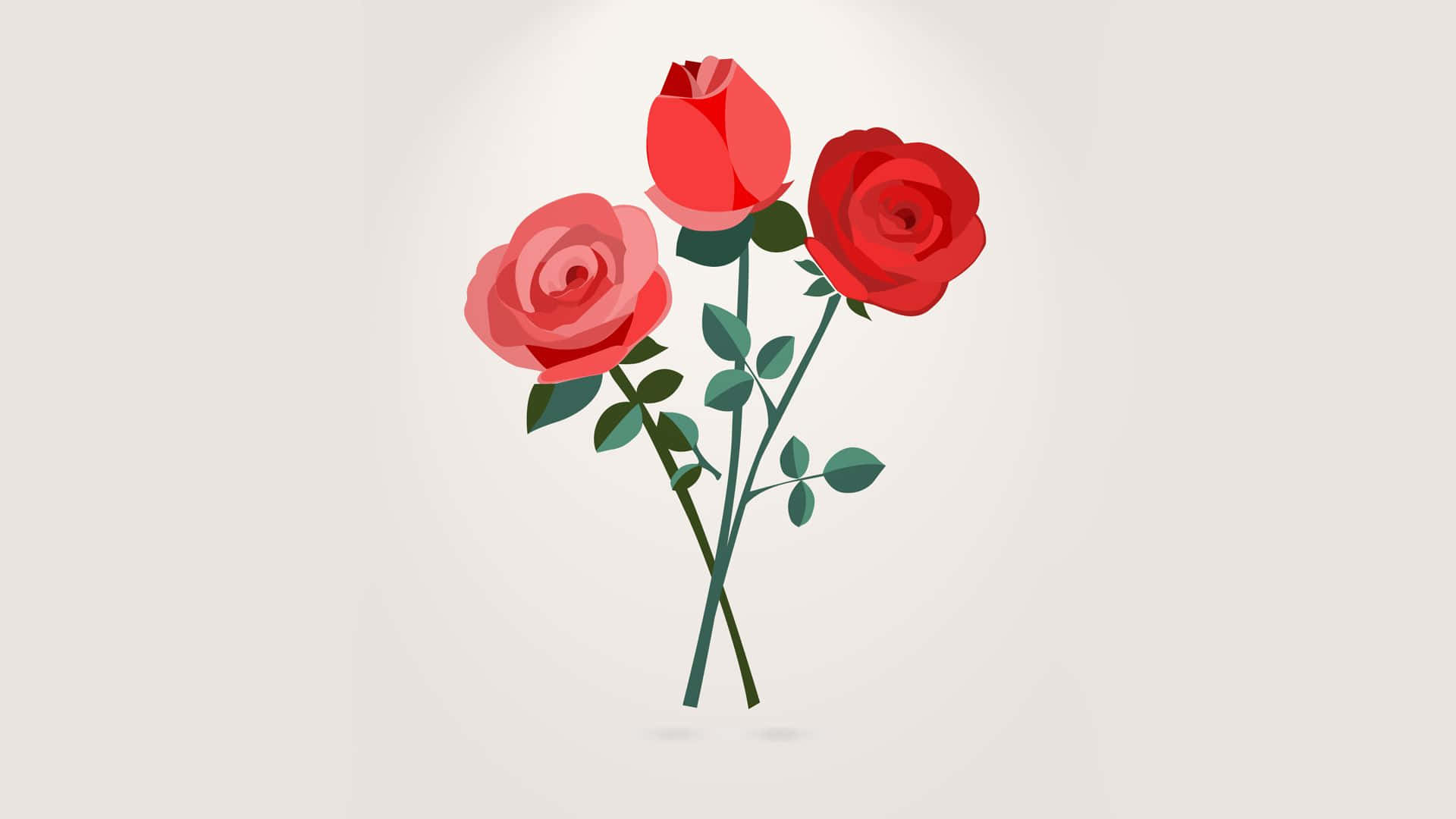 Simple Flower 桌布 壁紙 — 三朵風格化的紅玫瑰，帶有綠色莖和葉子，立在柔和的米色背景上。