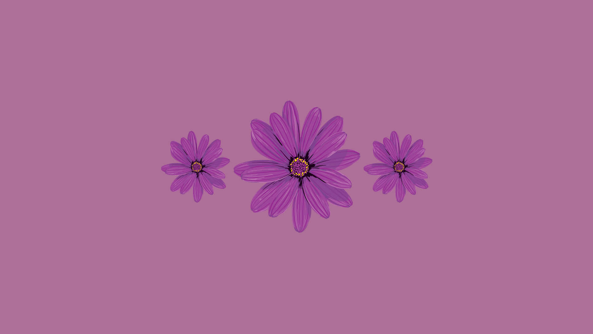 Purple Flowers 桌布 壁紙 — 三朵風格化的紫色花朵，帶有深色花心，漂浮在純色淡紫背景上，呈現極簡數位藝術風格。