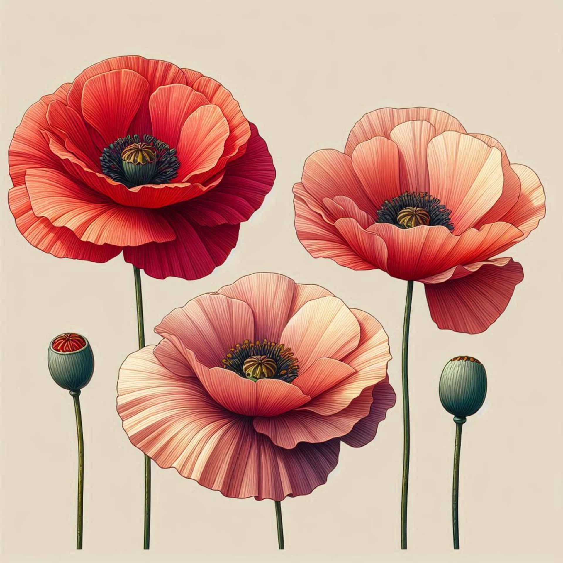 Poppy flowers vector illustration 壁紙 — 三朵風格化的罌粟花，紅色、粉紅色和蜜桃色盛開，帶有深色花心和兩個花蕾，細長莖幹，米色背景。