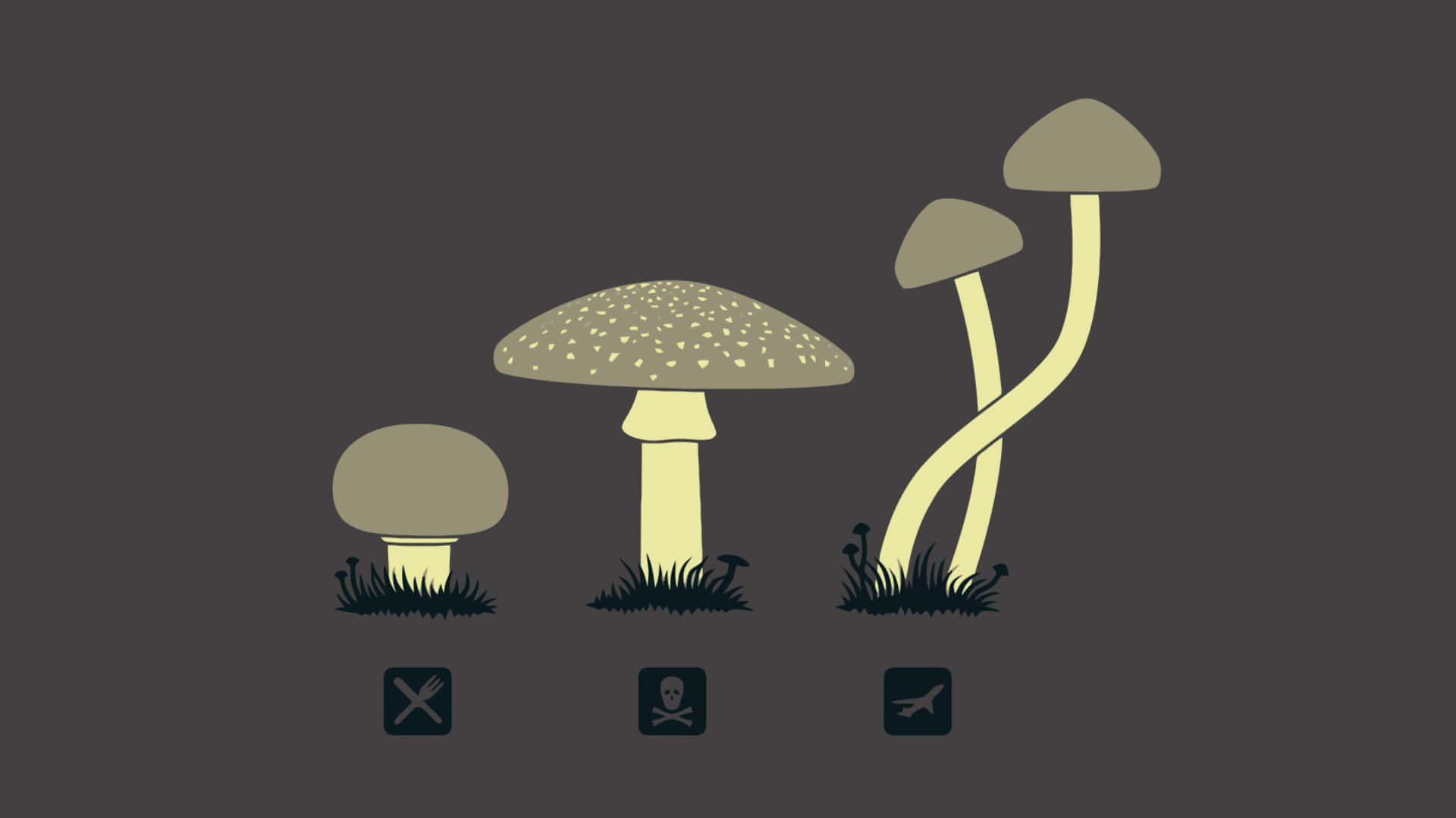 Kawaii Mushroom 桌布 壁紙 — 三朵風格化的蘑菇，下方有警告圖標，背景為深灰色。