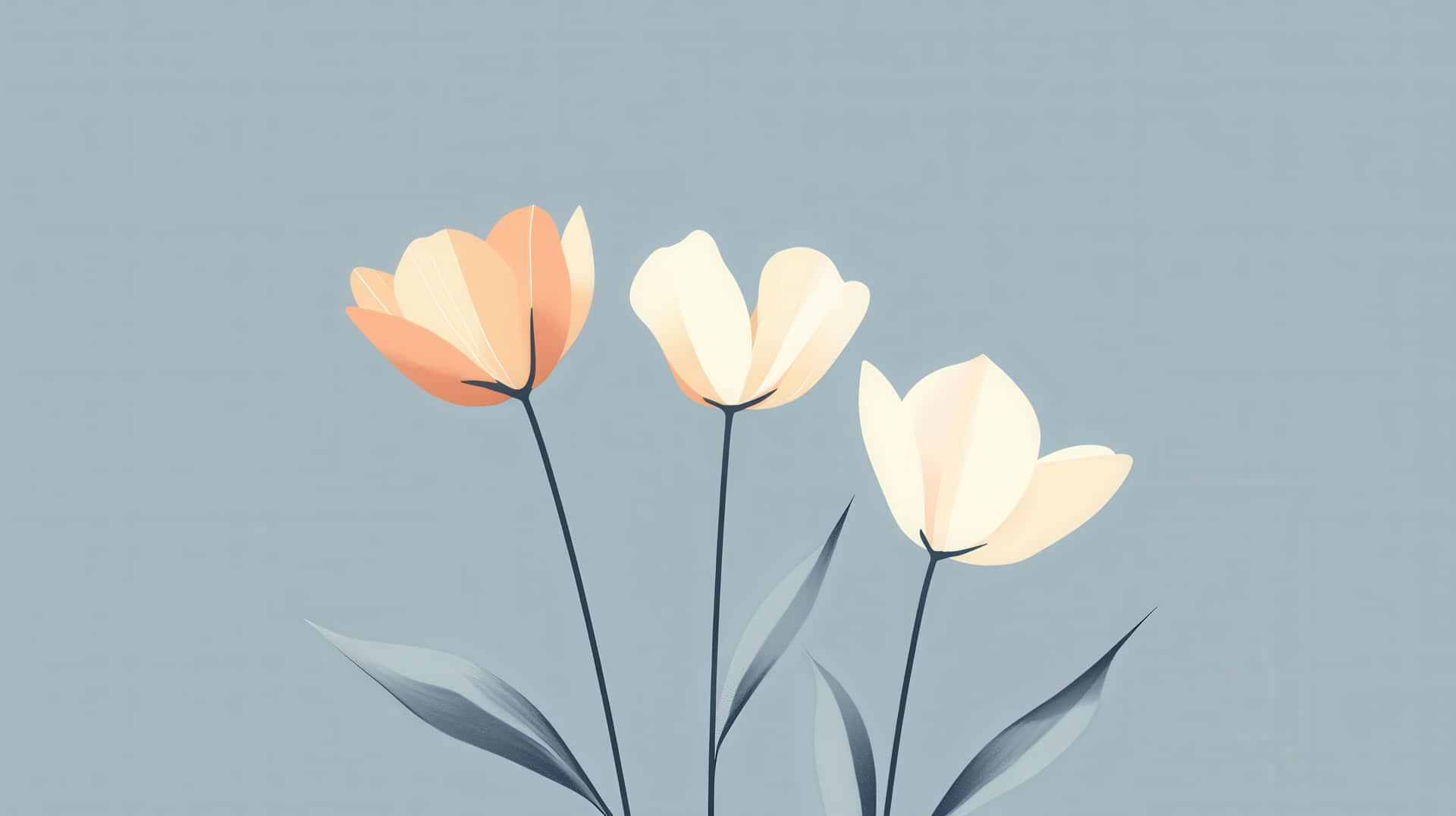 A delicate digital illustration of three pastel-colored flowers against a soft blue background 壁紙 — 三朵風格化的鬱金香，以蜜桃奶油色和淡藍色綻放，襯托著柔和的灰藍色紋理背景。