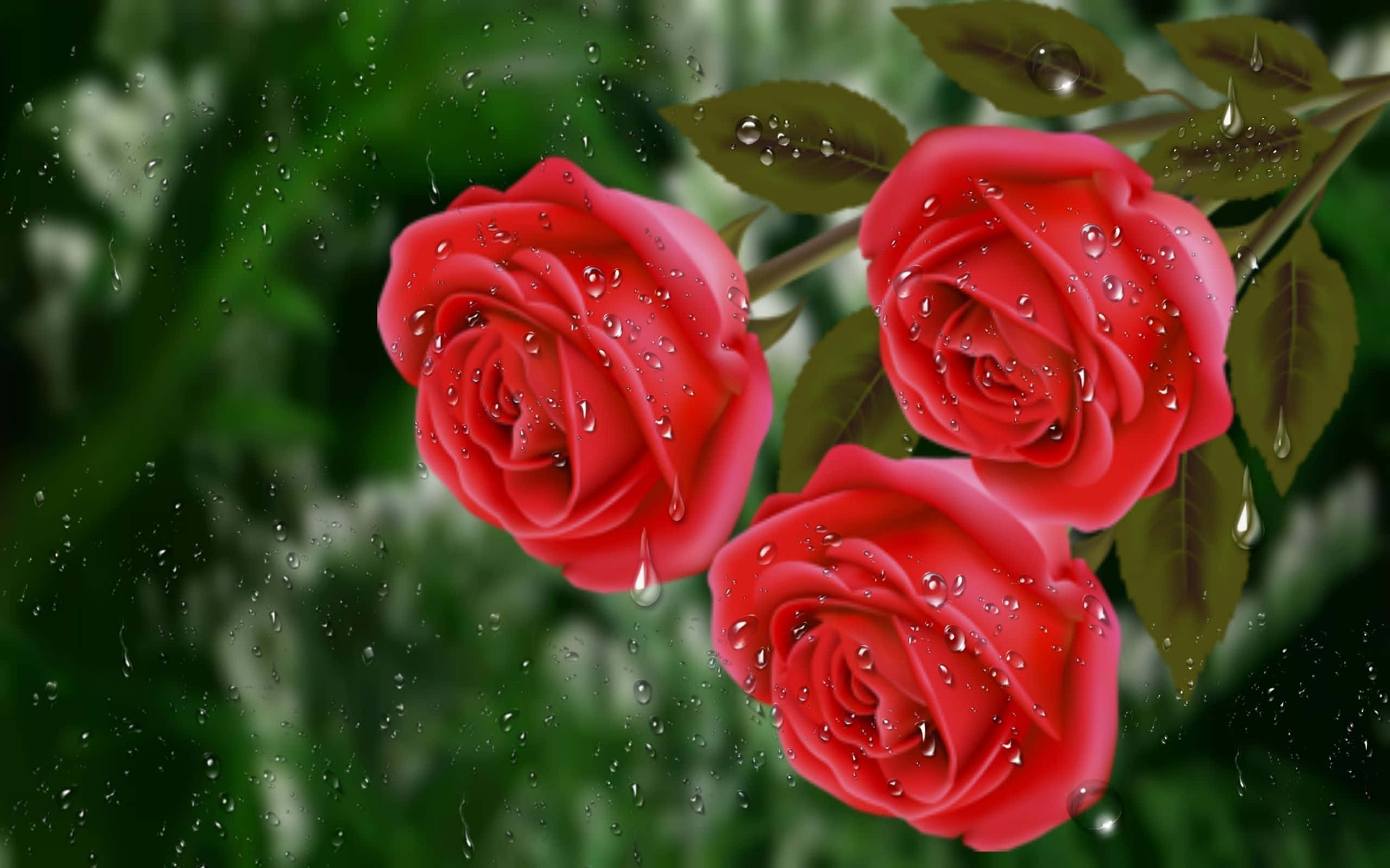 Rose In Rain 桌布 壁紙 — 三朵鮮紅的玫瑰在柔和模糊的綠色樹葉背景襯托下，閃爍著雨滴。