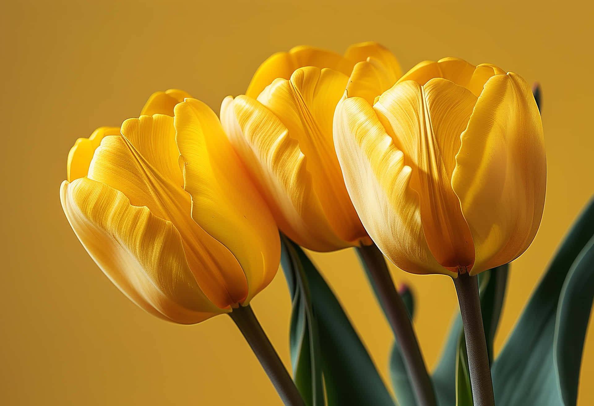 The Elegance of a Bright Yellow Tulip Revived by Raindrops 壁紙 — 三朵鮮豔的黃色鬱金香，帶有精緻彎曲的花瓣和深綠色莖，在溫暖的金色背景下脫穎而出。