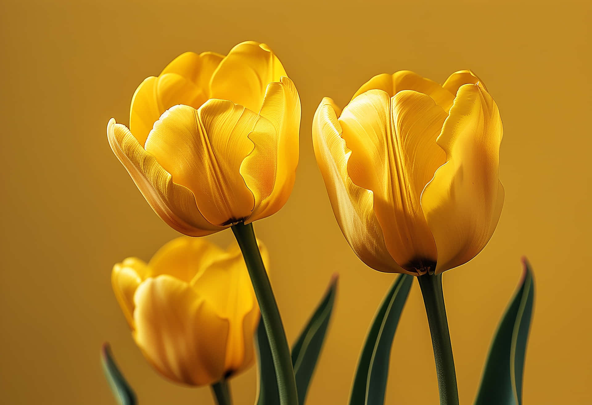 The Elegance of a Bright Yellow Tulip Revived by Raindrops 壁紙 — 三朵鮮豔的黃色鬱金香，帶有精緻的花瓣和綠色莖幹，在溫暖的金色背景下綻放。