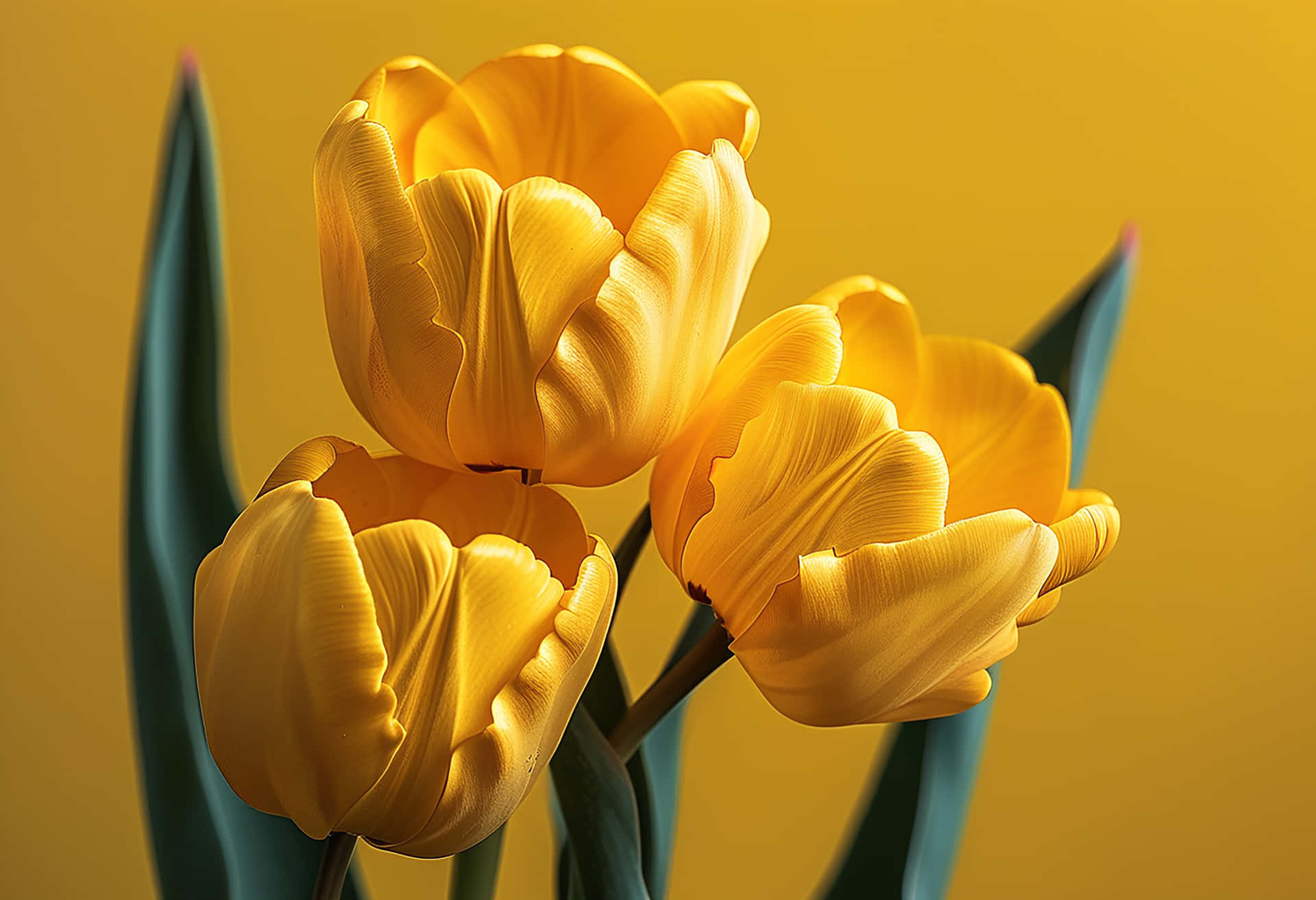 The Elegance of a Bright Yellow Tulip Revived by Raindrops 壁紙 — 三朵鮮黃色的鬱金香，花瓣紋理細緻，在溫暖的金色背景上綻放，襯托著深綠色的葉子。