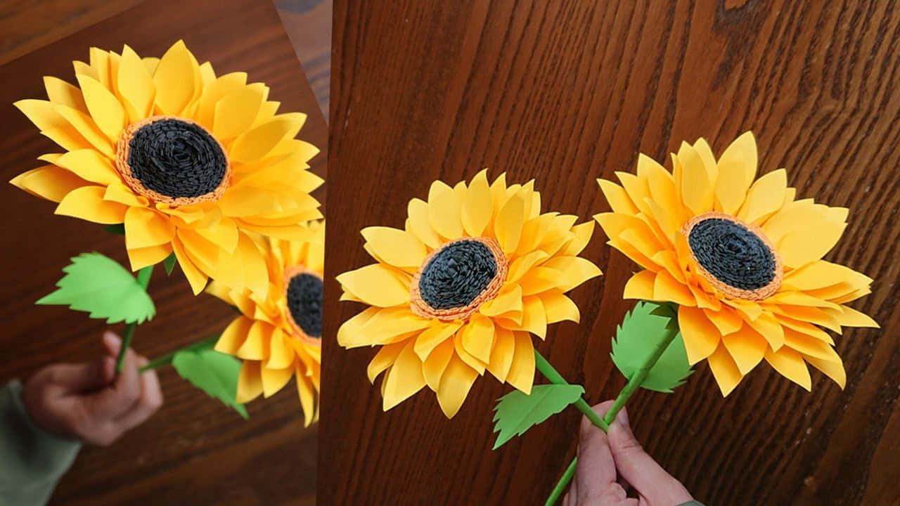 Beautiful Sunflower 桌布 壁紙 — 三朵鮮黃色紙向日葵，帶有紋理黑色花心，被握在溫暖的木質表面上。