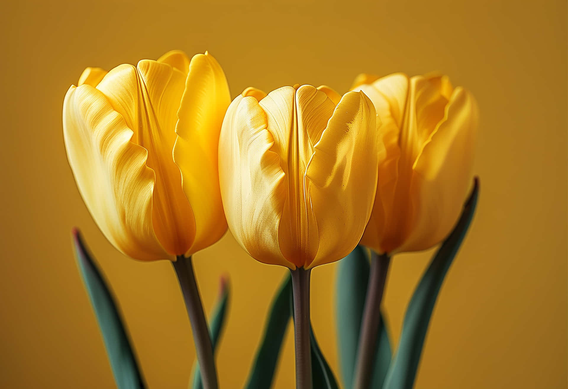 The Elegance of a Bright Yellow Tulip Revived by Raindrops 壁紙 — 三朵鮮黃色鬱金香，帶有精緻的皺褶花瓣，立在溫暖的金色背景前。