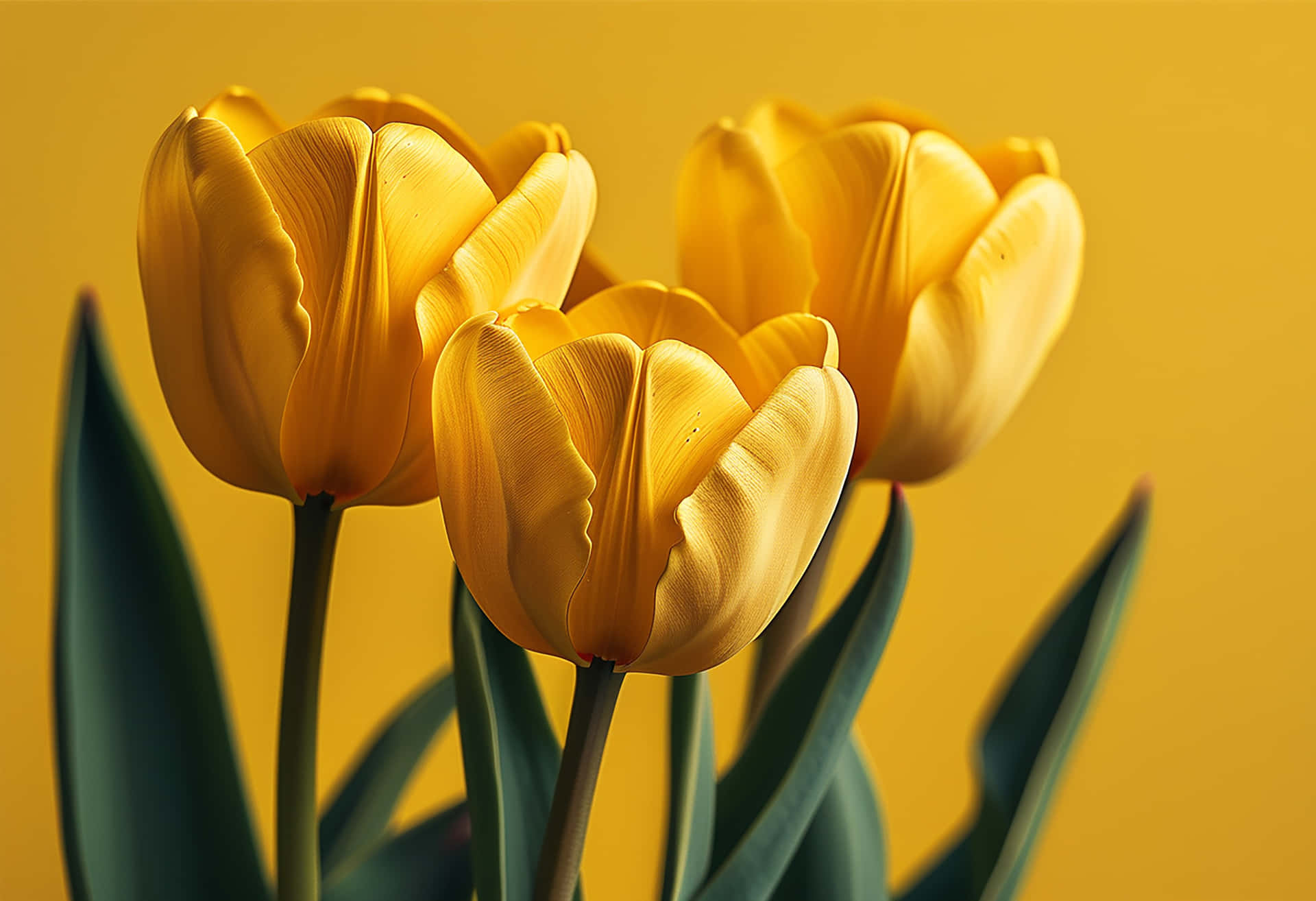 The Elegance of a Bright Yellow Tulip Revived by Raindrops 壁紙 — 三朵鮮黃色鬱金香，花瓣細緻摺疊，深綠色葉片，在溫暖的金色背景下格外突出。