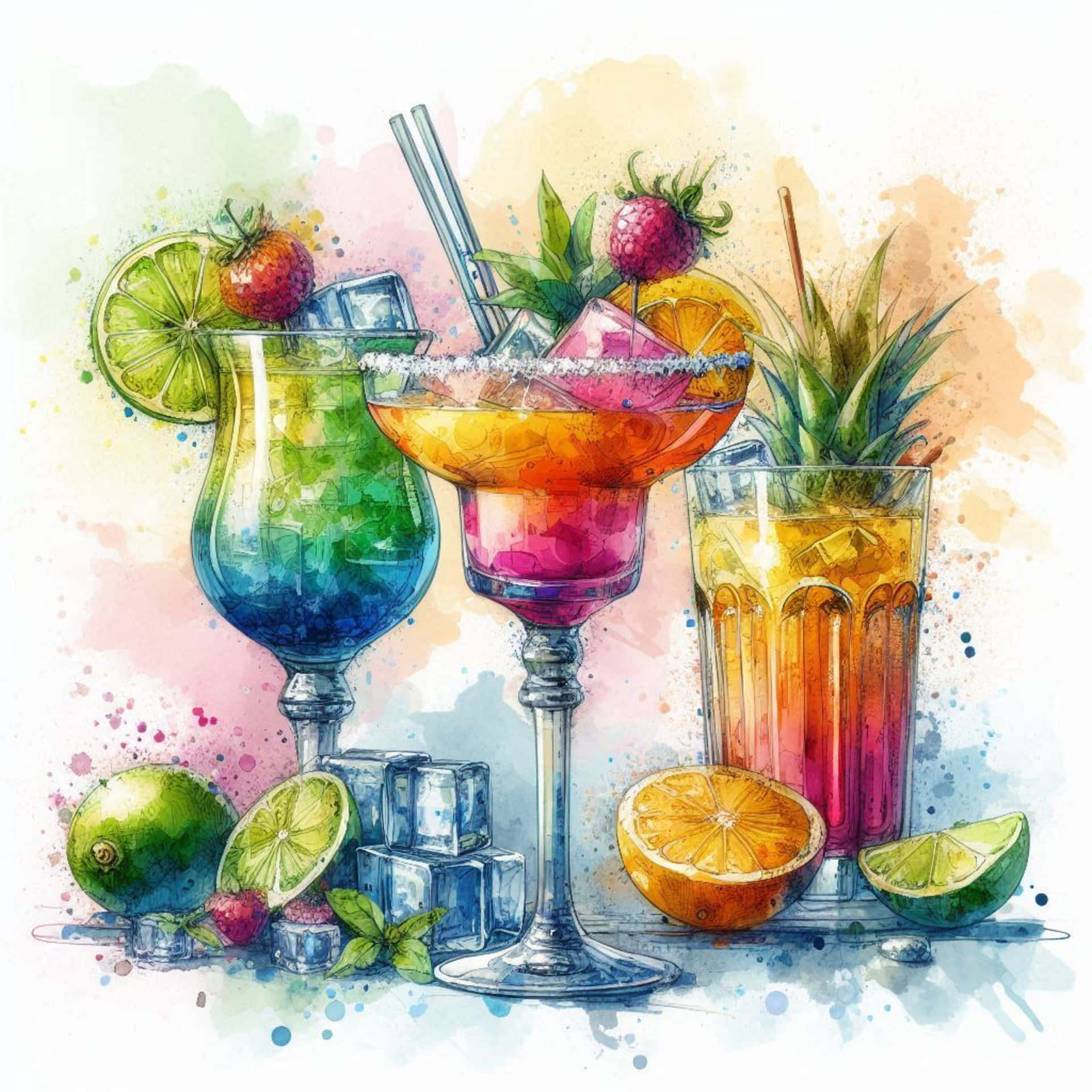 cocktail on a table 壁紙 — 三杯充滿活力的熱帶雞尾酒，以水彩風格繪製，飾以水果和冰塊，背景柔和帶有潑濺效果。
