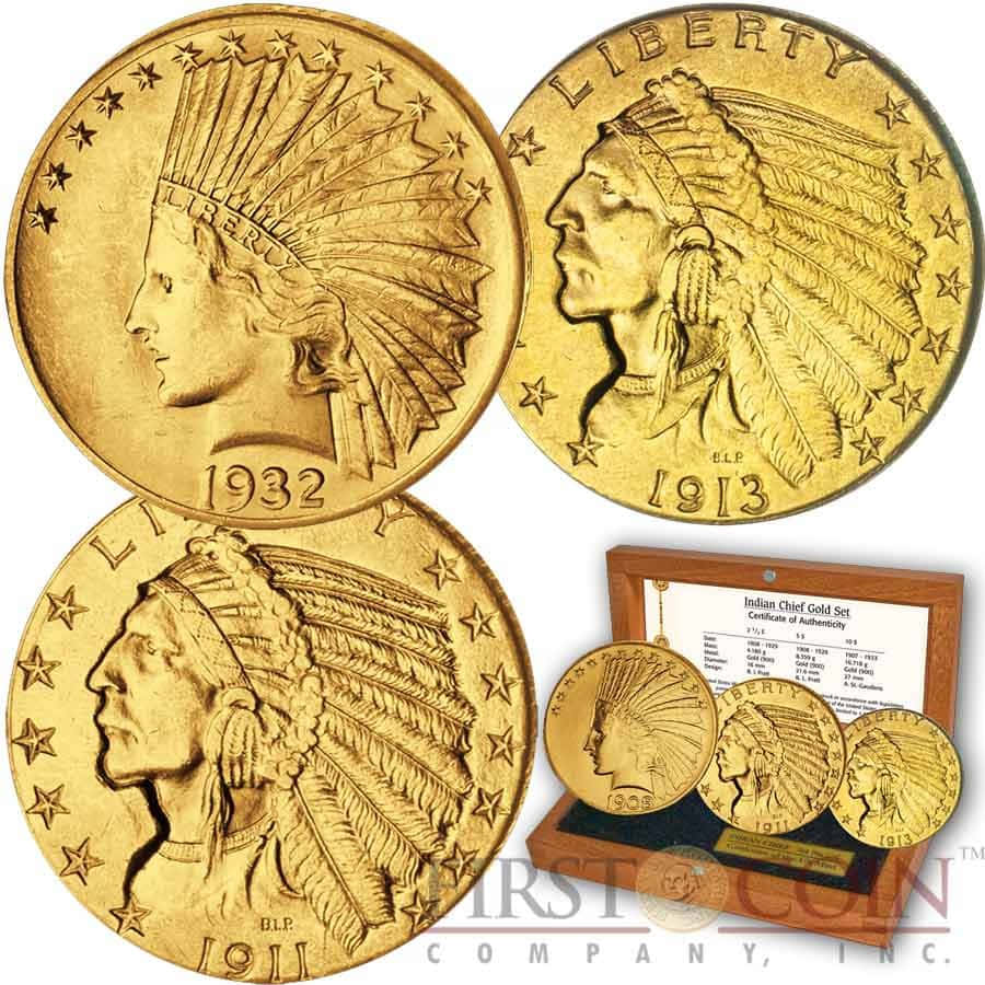 Coin 桌布 壁紙 — 三枚1911年、1932年及1913年的印第安酋長金幣，連同木製展示盒及真品證書一同展示。