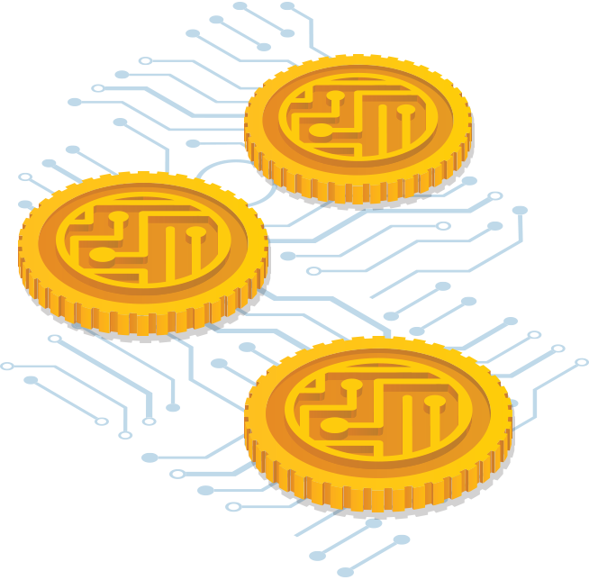 Cryptocurrency 桌布 壁紙 — 三枚帶有電路板圖案的金幣漂浮在藍色抽象科技背景上。