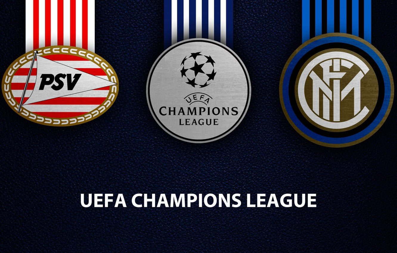 Uefa 桌布 壁紙 — 三枚歐洲冠軍聯賽獎牌，包括PSV恩荷芬、國際米蘭及官方賽事標誌，展示在深色紋理背景上。