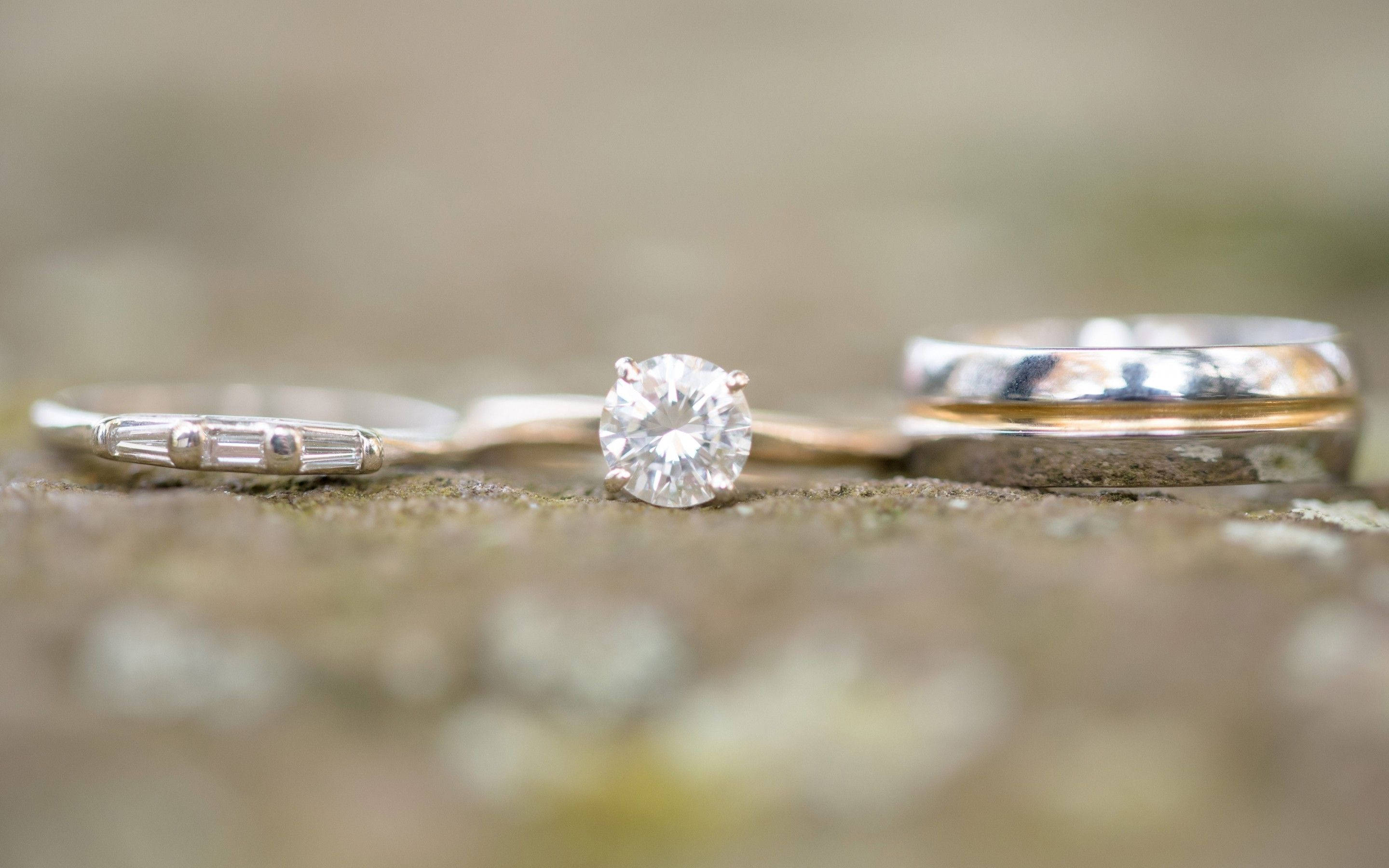 珠寶 桌布 壁紙 — 三枚結婚戒指，包括一枚單鑽戒指和指環，放在長滿苔蘚的石頭表面上，景深較淺。