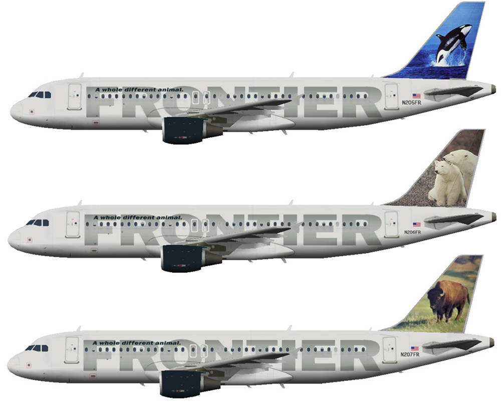 transportation 桌布 壁紙 — 三架 Frontier Airlines 飛機並排展示，每架都有獨特的動物主題尾翼設計，包括虎鯨、北極熊和野牛。