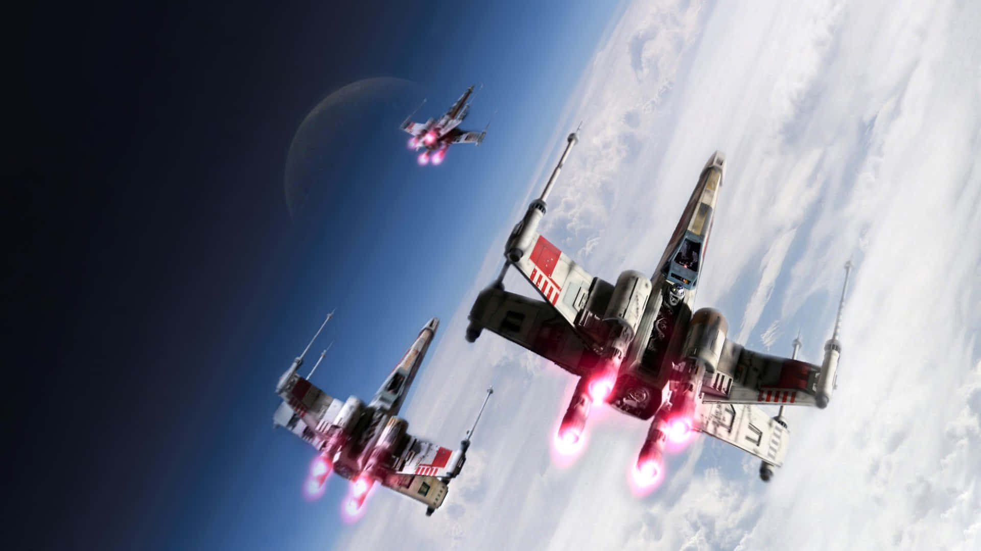 The Rebellion 桌布 壁紙 — 三架X翼星際戰鬥機帶著發光的紅色引擎，在藍天白雲和月亮背景中翱翔。