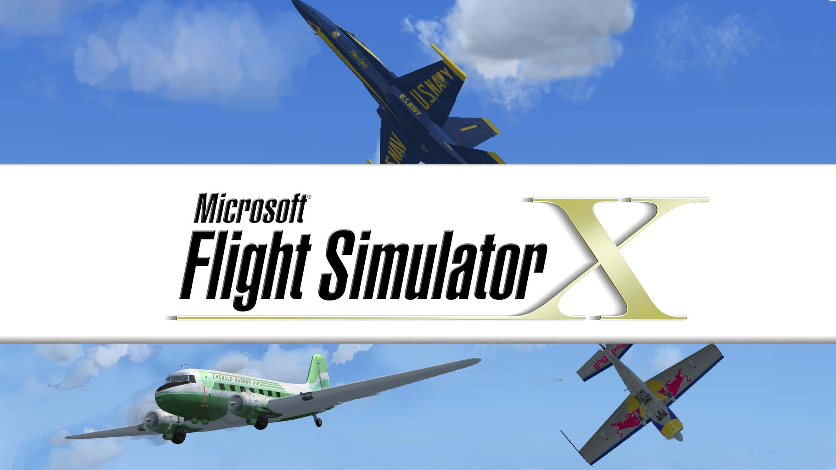 微軟模擬飛行 桌布 壁紙 — 三架不同的飛機在 Microsoft Flight Simulator X 橫幅下，在明亮的藍天和蓬鬆的白雲中翱翔。