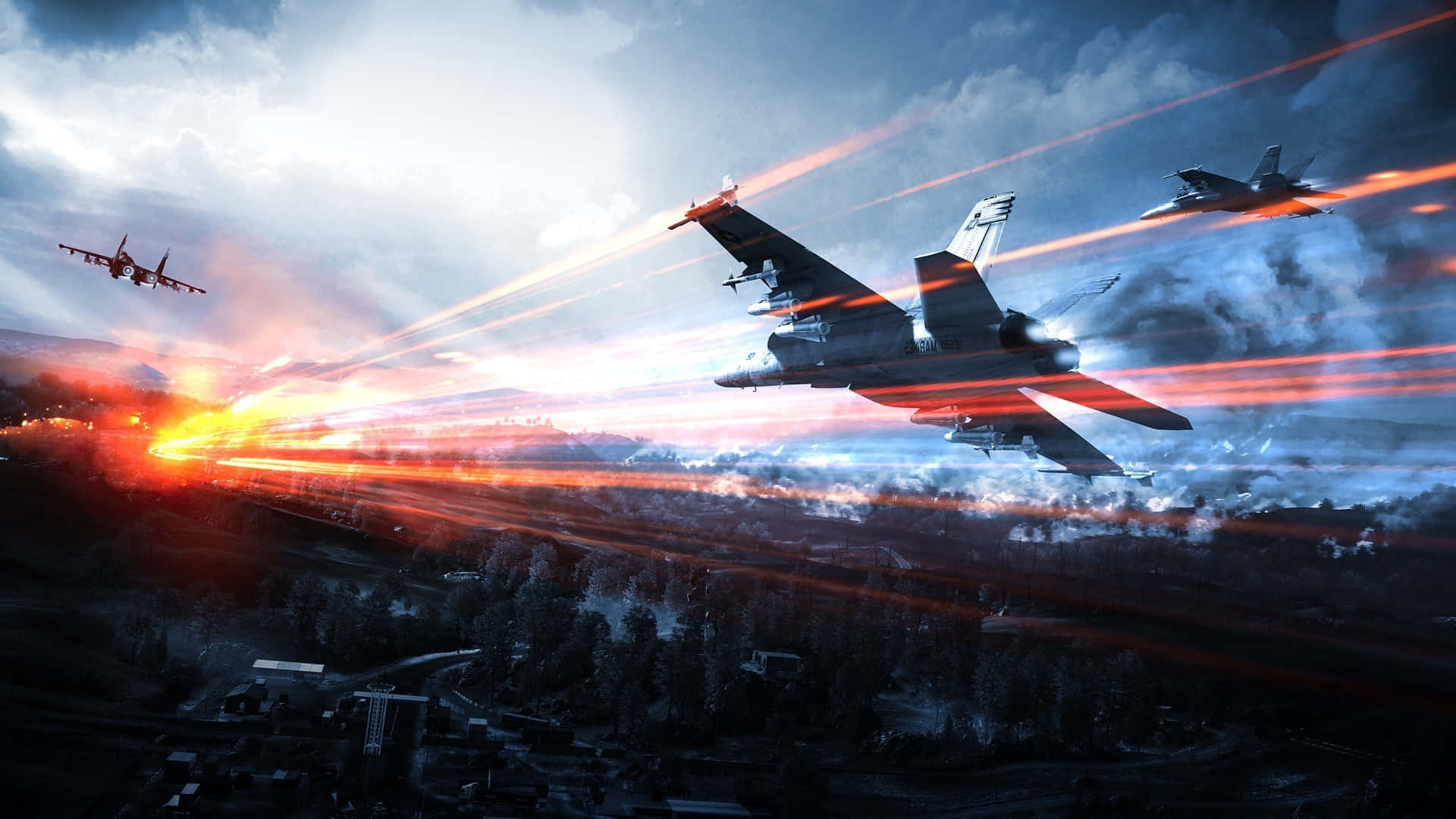 1920x1080 Battlefield 3 桌布 壁紙 — 三架戰鬥機劃過暴風雨的天空，向下方森林景觀發射明亮的橙色雷射。