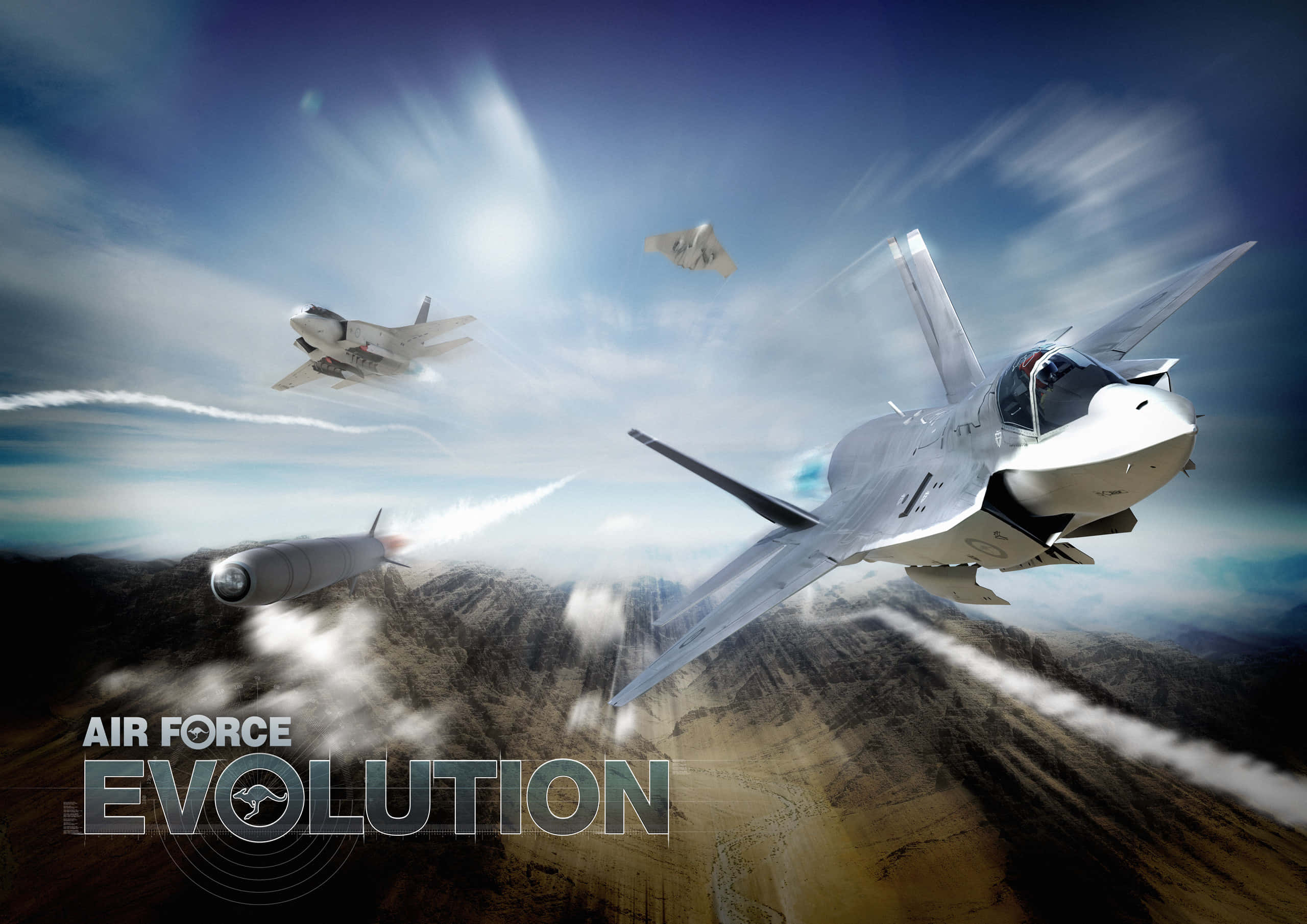 Air Force 桌布 壁紙 — 三架戰鬥機在崎嶇山脈上空劃過動感天空，一枚飛彈拖曳著煙霧。