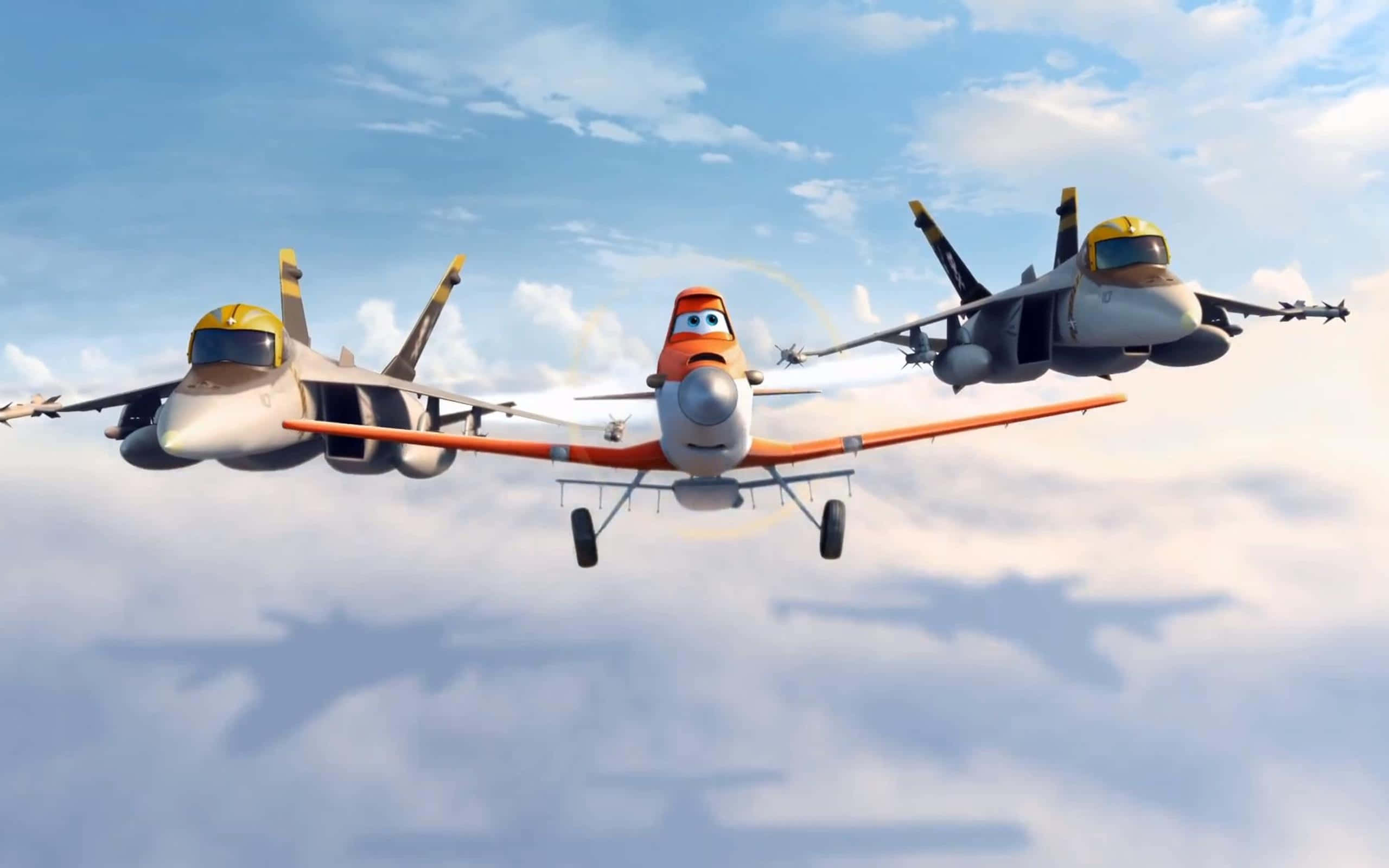 Animated 桌布 壁紙 — 三架擬人化的戰鬥機在藍天白雲中編隊飛行。