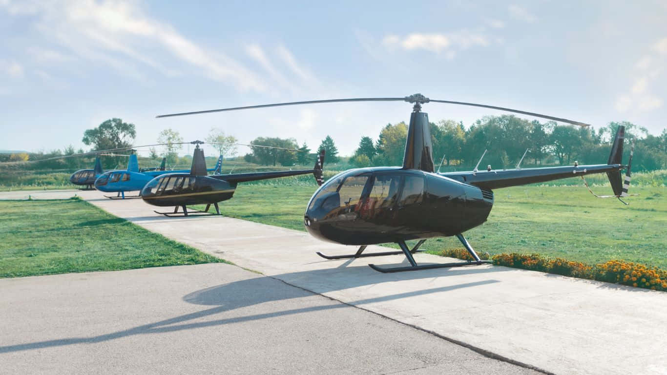 1366x768 Helicopters 桌布 壁紙 — 三架時尚的直升機停在混凝土墊上，周圍有綠草和樹木，背景是明亮的藍天。
