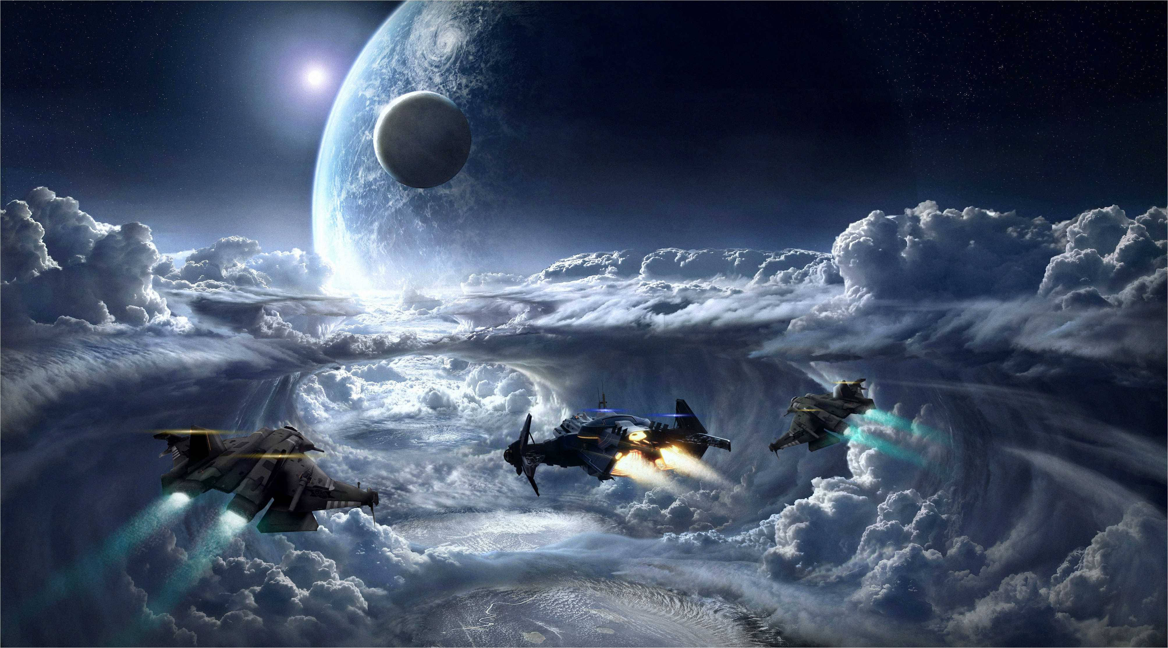 Star Citizen 桌布 壁紙 — 三架未來戰機在巨大行星和月球下的旋轉雲層中翱翔於宇宙天空。