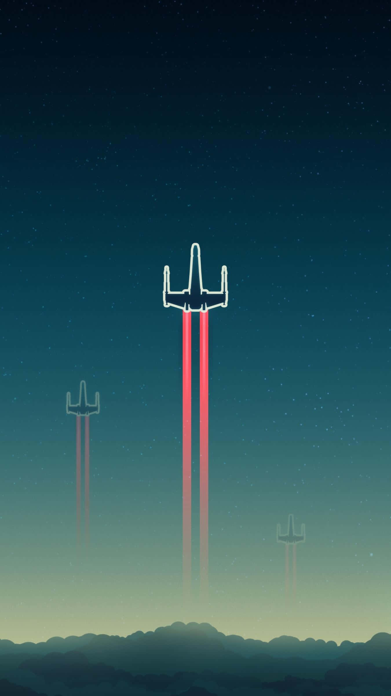 Star Wars Phone 桌布 壁紙 — 三架發光的未來風格飛行器，在星空的暮色天空中，於剪影山脈上方攀升。