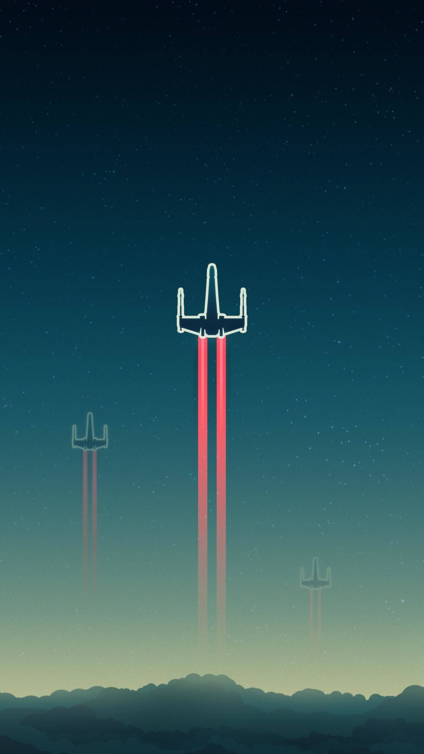 Star Wars iPad 桌布 壁紙 — 三架發光的未來風格飛行器在繁星點點的暮色天空背景下翱翔於山脈之上，發出紅色光束。