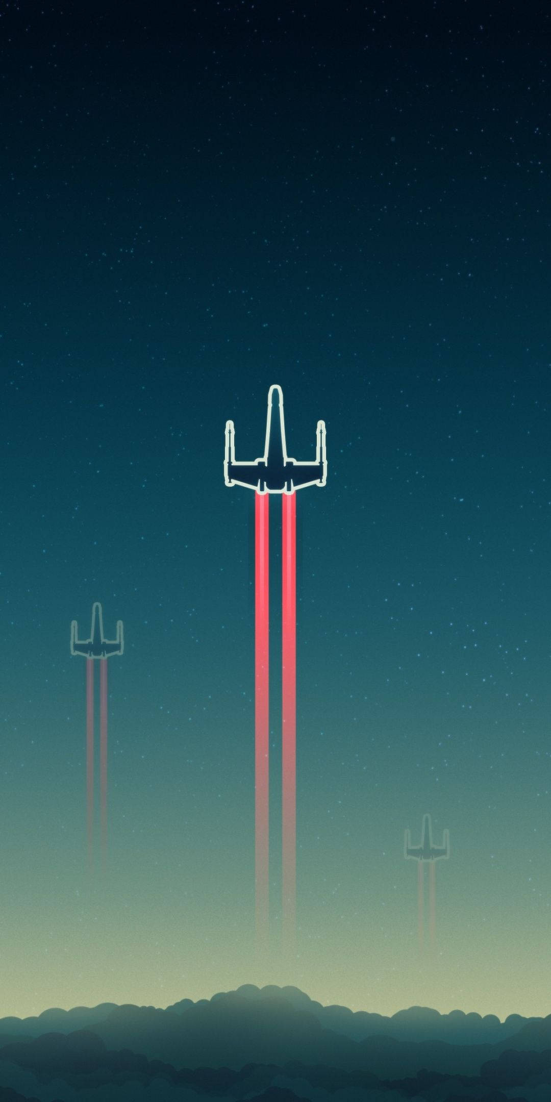 star wars iPhone 6 plus 桌布 壁紙 — 三架發光的未來飛機在星空暮色天空的背景下翱翔於剪影山脈之上，發出鮮紅色的光束。