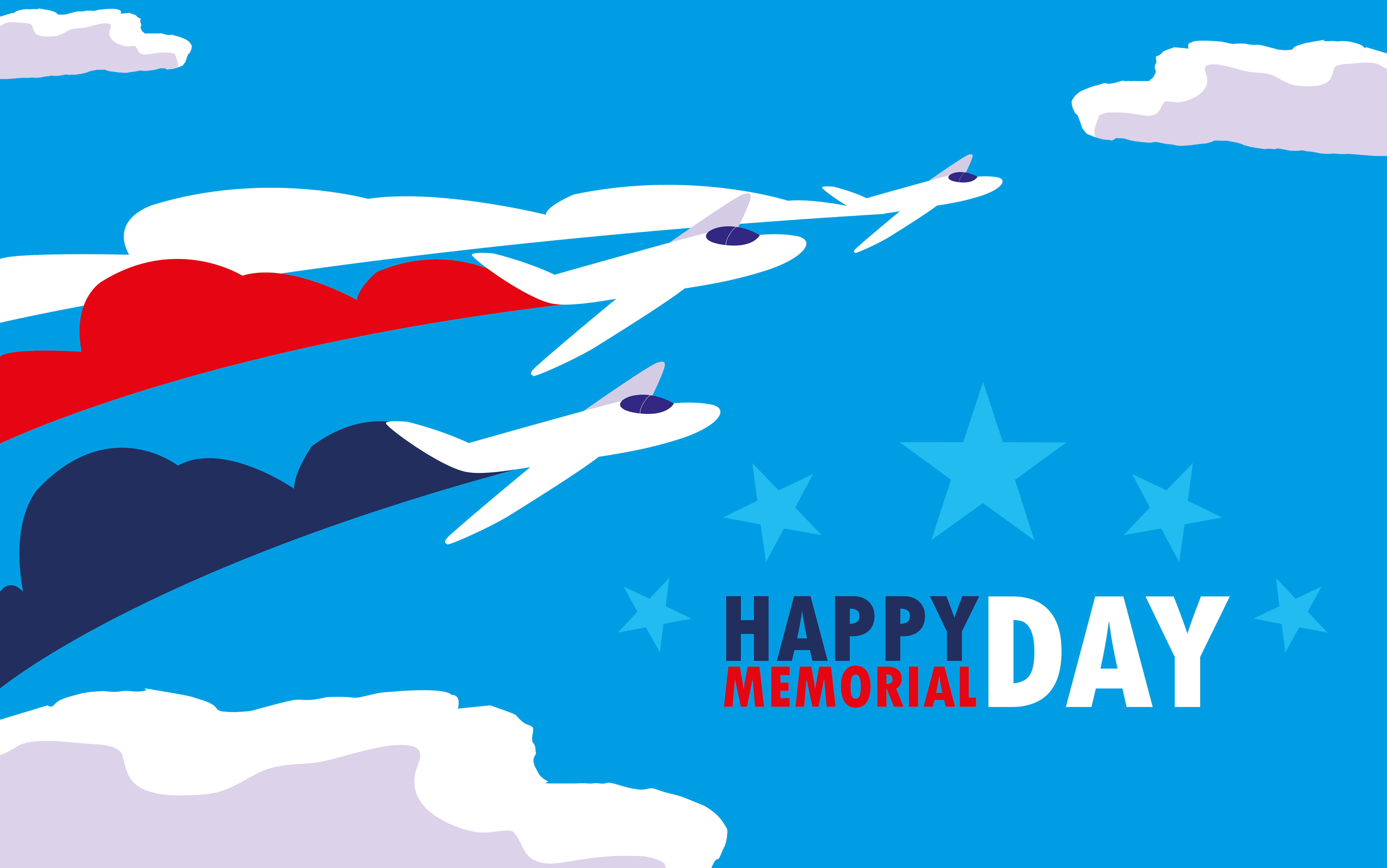 Memorial Day 桌布 壁紙 — 三架白色飛機編隊飛過藍天，留下紅、白、藍色煙霧軌跡，並帶有星星和文字，慶祝陣亡將士紀念日。