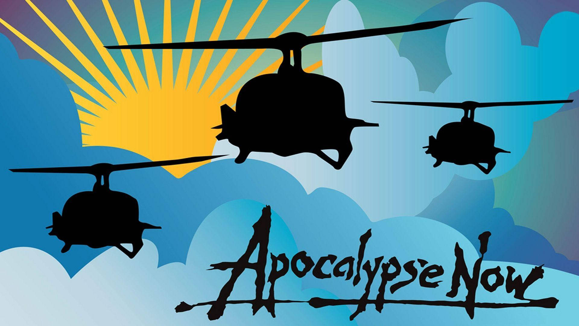 Apocalypse Now 桌布 壁紙 — 三架直升機剪影在風格化的太陽爆發和藍色雲朵中飛行，標題為《現代啟示錄》。