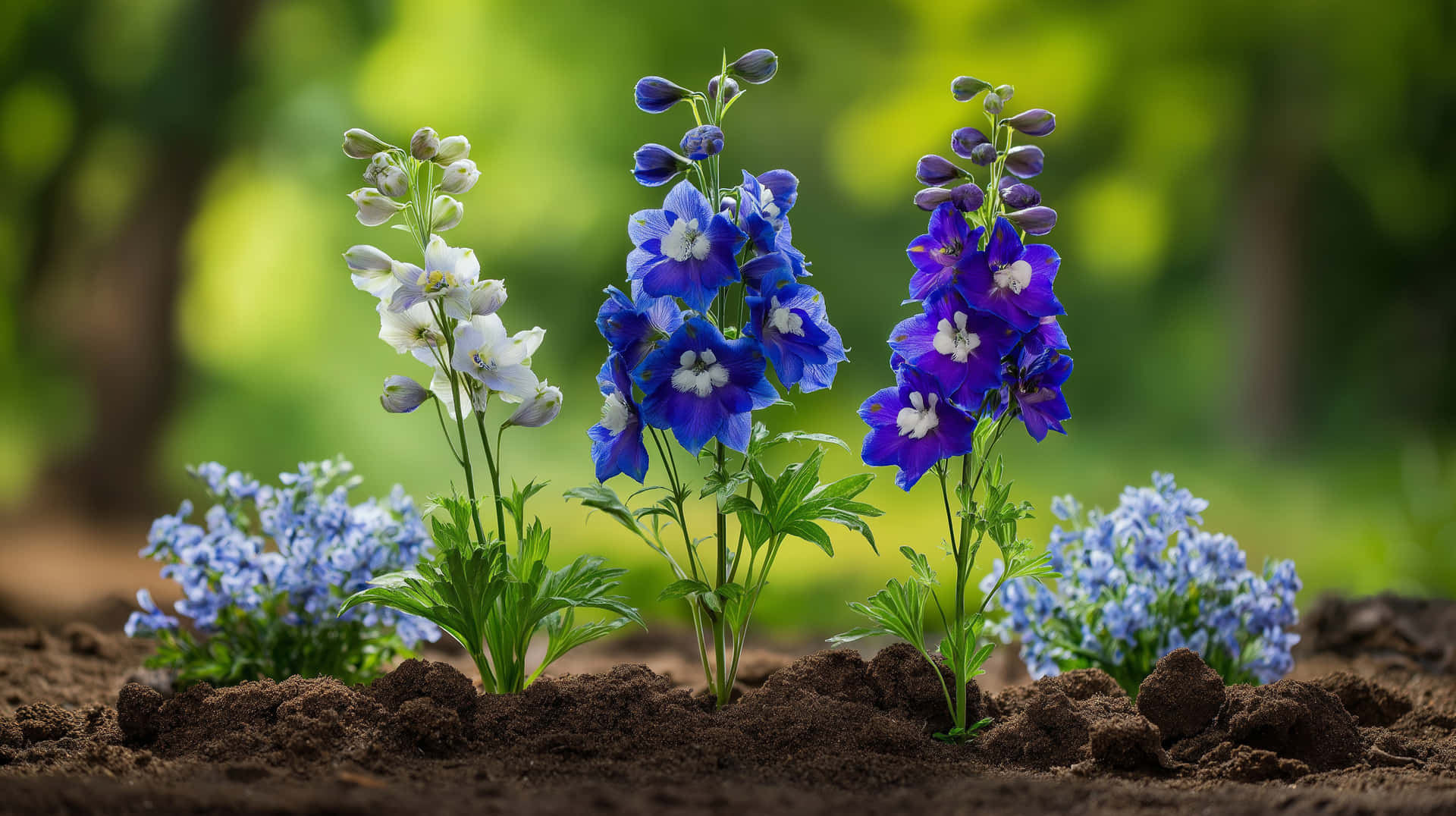 Three Larkspur Plants in Garden Bed with Green Background 壁紙 — 三株高大的飛燕草，綻放鮮豔的藍色和白色花朵，從肥沃的棕色土壤中長出，背景是模糊的綠色葉子。