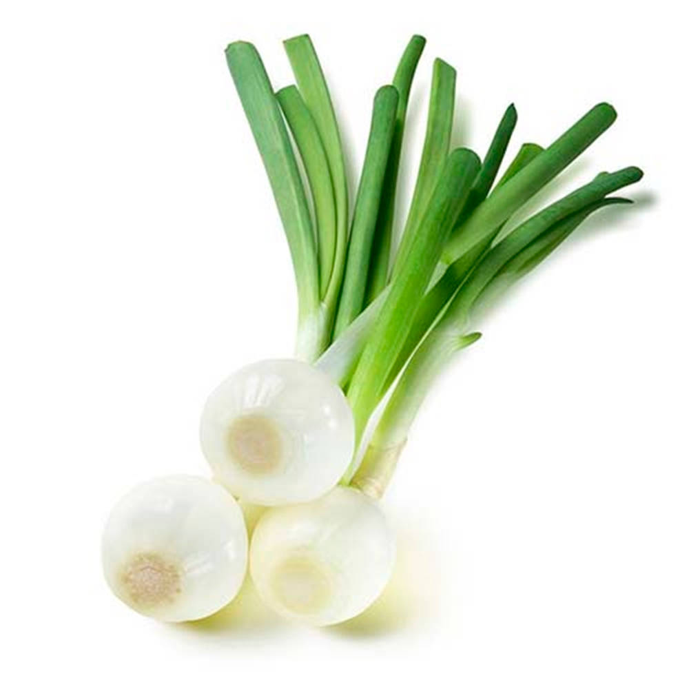 Vegetables 桌布 壁紙 — 三根新鮮的蔥，帶有脆綠的莖和白色的鱗莖，孤立在純白背景上。
