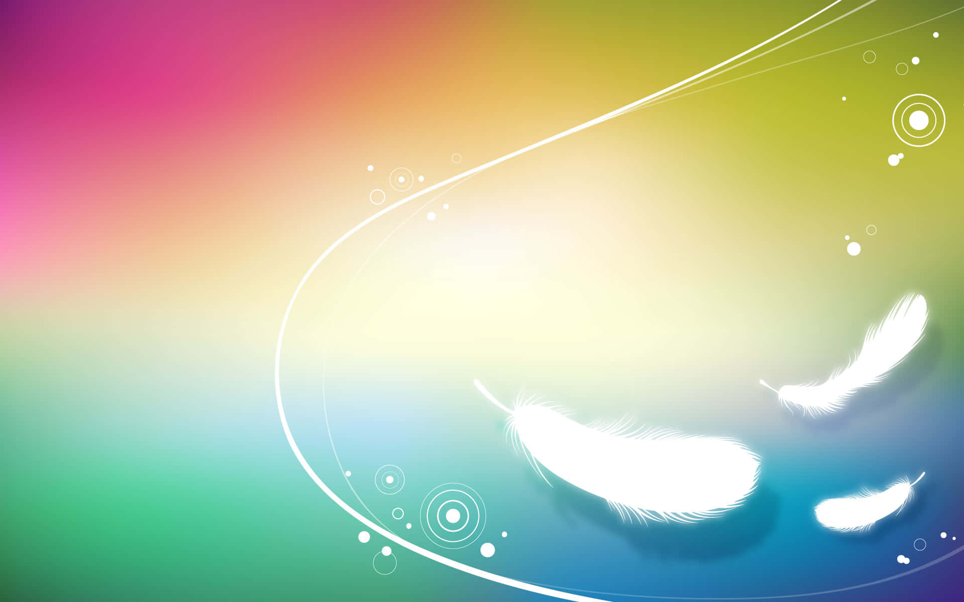 彩色動圖 桌布 壁紙 — 三根發光的白色羽毛沿著曲線飄動，背景是充滿活力的彩虹漸變。