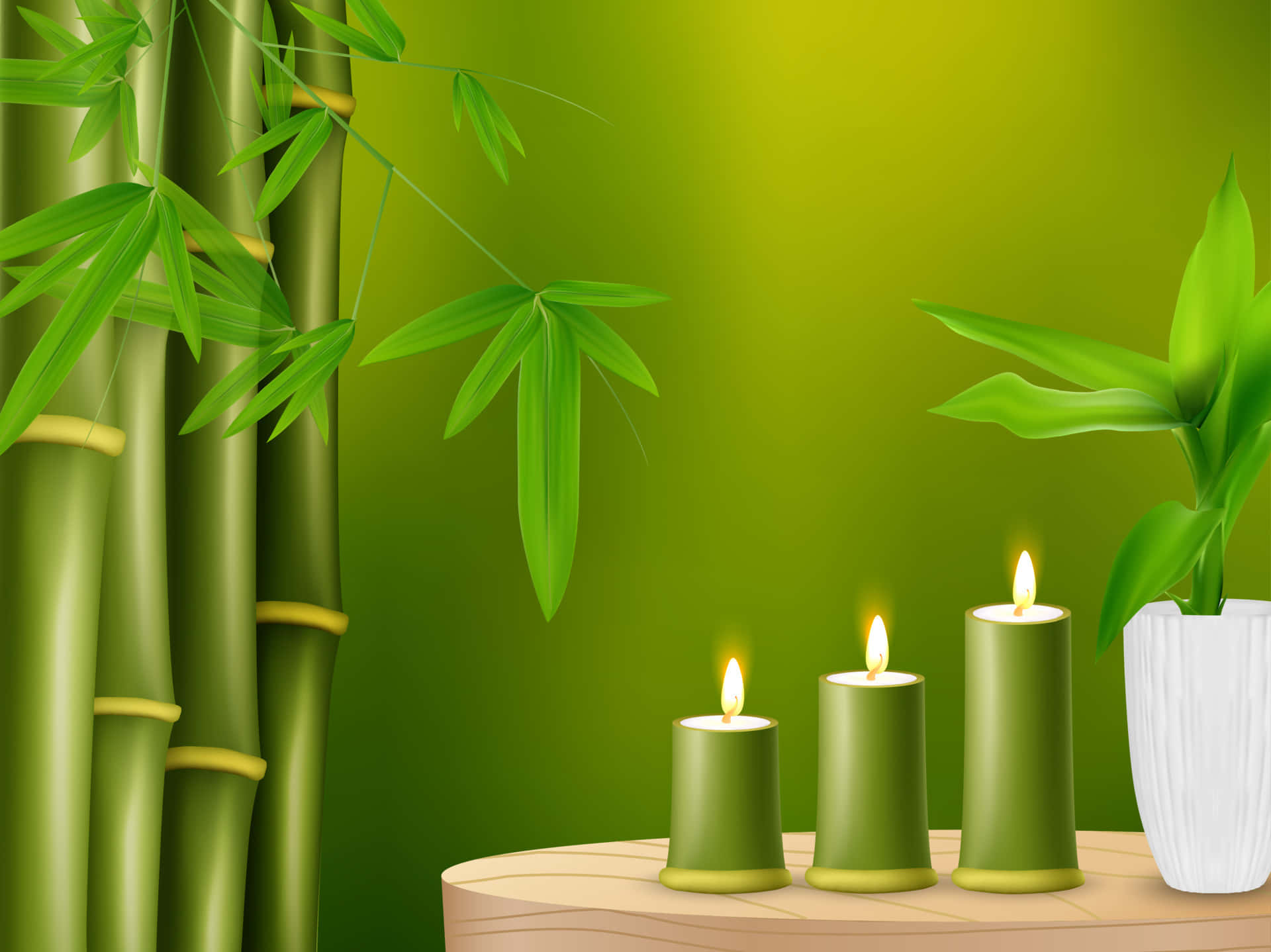 禪 桌布 壁紙 — 三根點燃的綠色蠟燭放在木桌上，旁邊有竹莖和盆栽植物，背景是綠色漸層。