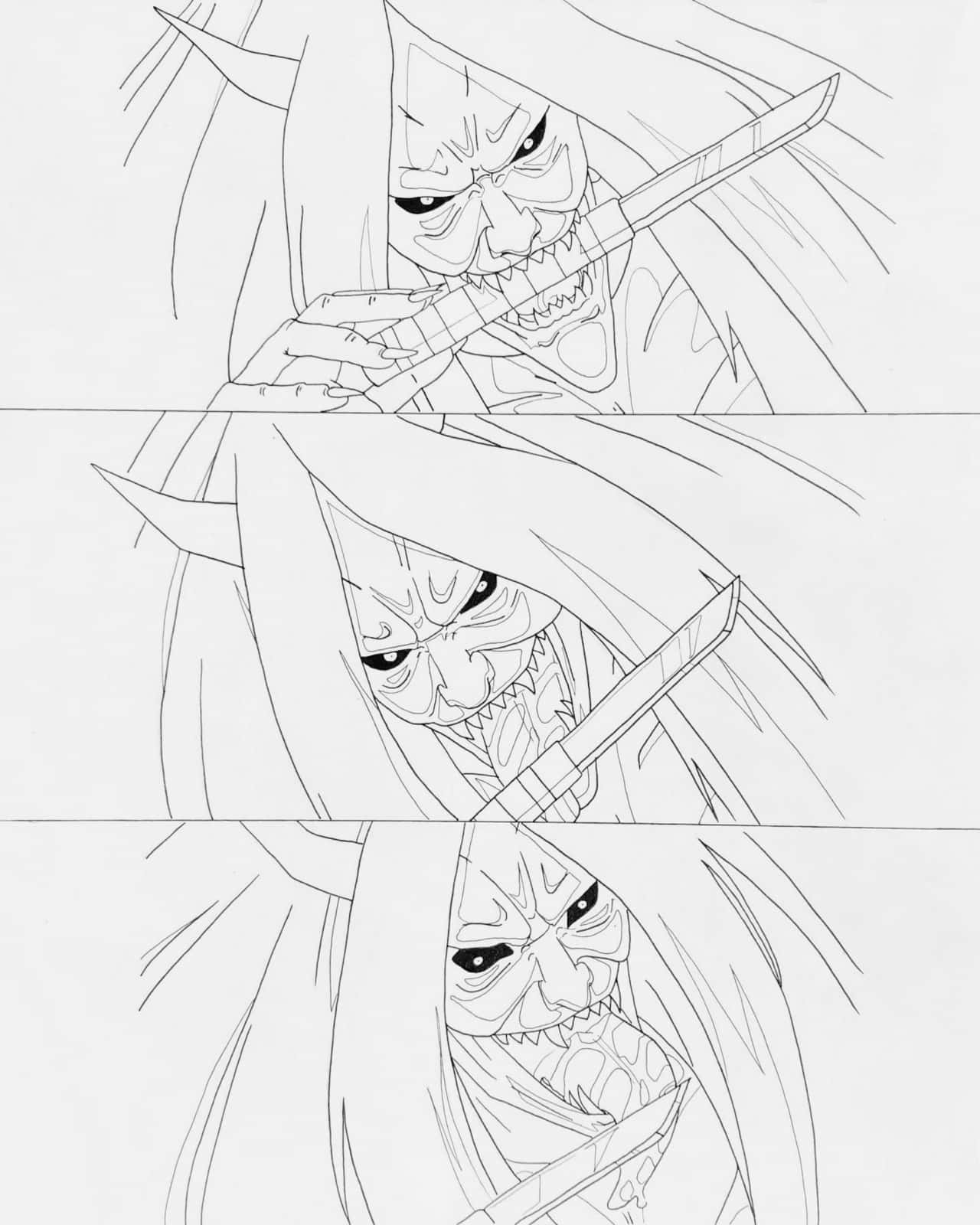 Reaper Death Seal 桌布 壁紙 — 三格動漫線條藝術，描繪一個長髮長角的惡魔角色以侵略性姿勢持劍。