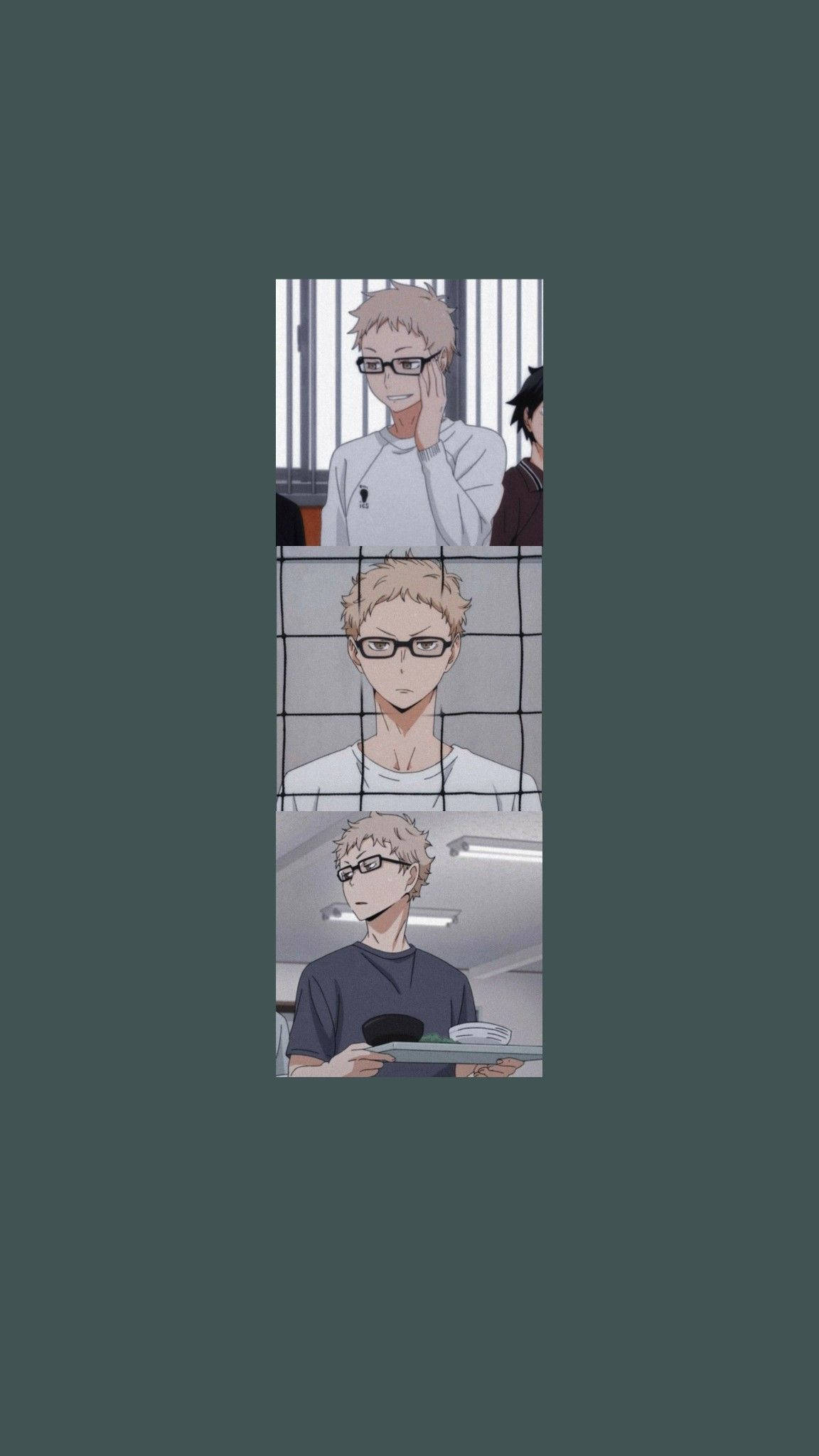 kei tsukishima 桌布 壁紙 — 三格動畫肖像，描繪一位金髮戴眼鏡的男性角色在不同室內場景中。