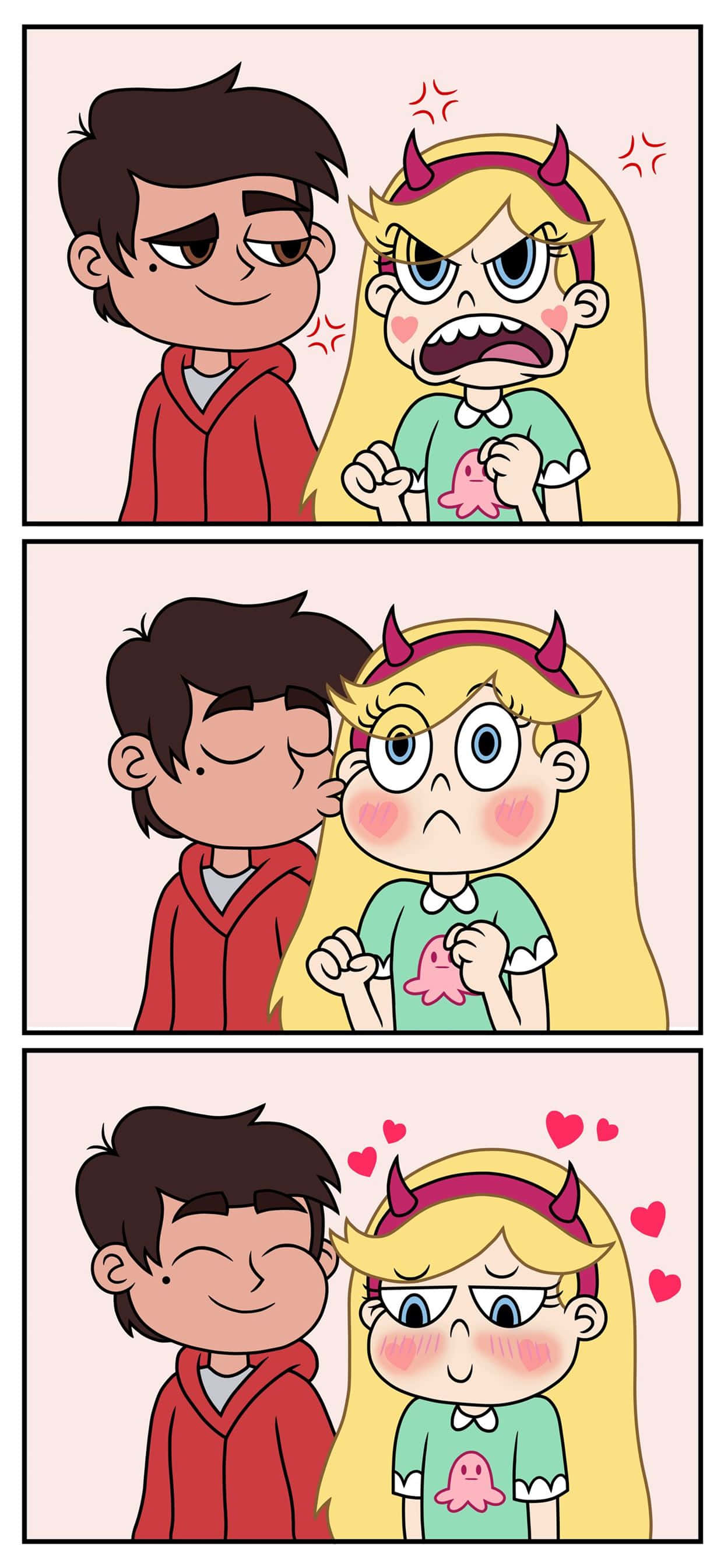 Star Vs The Forces Of Evil 桌布 壁紙 — 三格漫畫顯示一個男孩親吻女孩的臉頰，她開始生氣，然後幸福地臉紅，周圍漂浮著愛心。