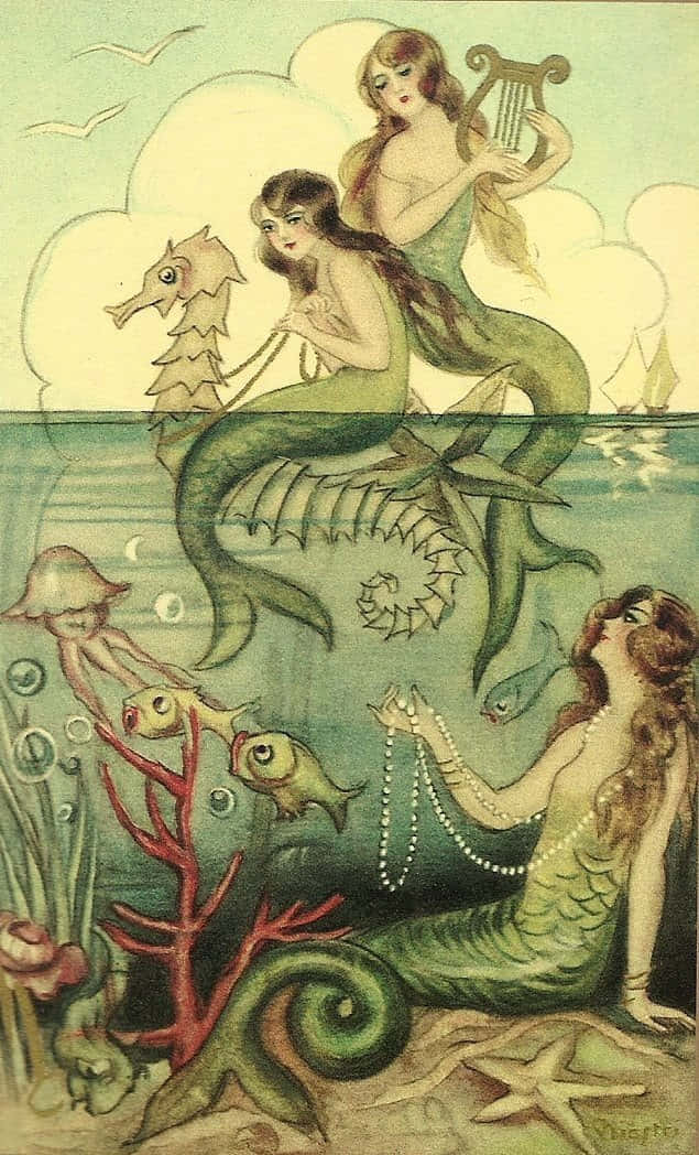 復古 桌布 壁紙 — 三條優雅的美人魚以復古藝術風格點綴海洋水域，帶著海馬和珍珠項鍊，在珊瑚和魚群之間。