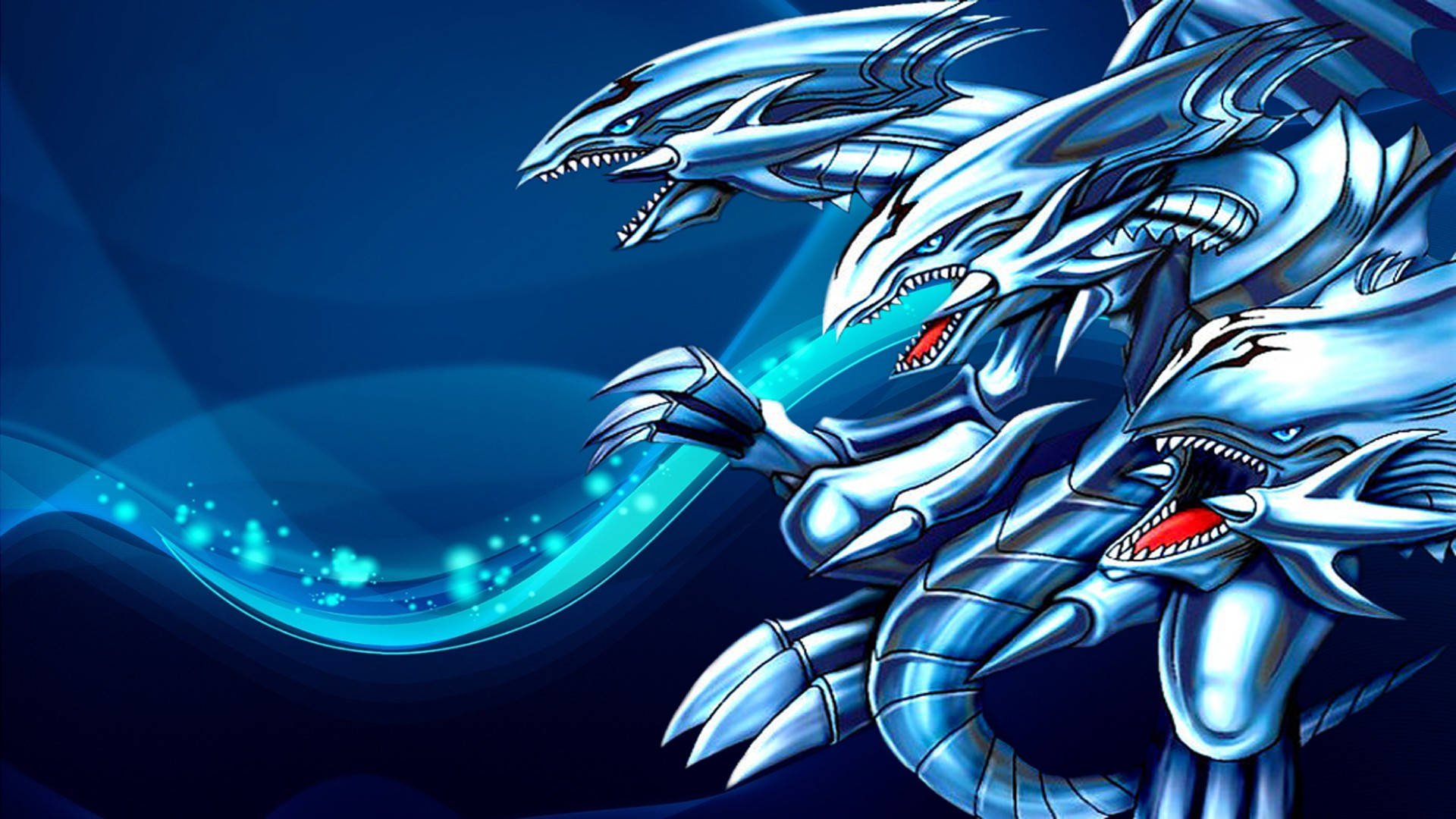 Yugioh 桌布 壁紙 — 三條兇猛的藍色龍，眼睛發光，牙齒鋒利，在深藍色背景上動態咆哮，帶有發光的能量軌跡。