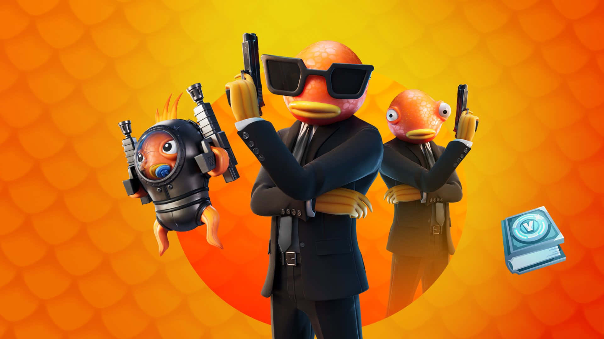 Fortnite 造型 桌布 壁紙 — 三條卡通橙色魚穿著西裝和太陽眼鏡，在鮮豔的橙色扇貝形背景前持槍擺姿勢。