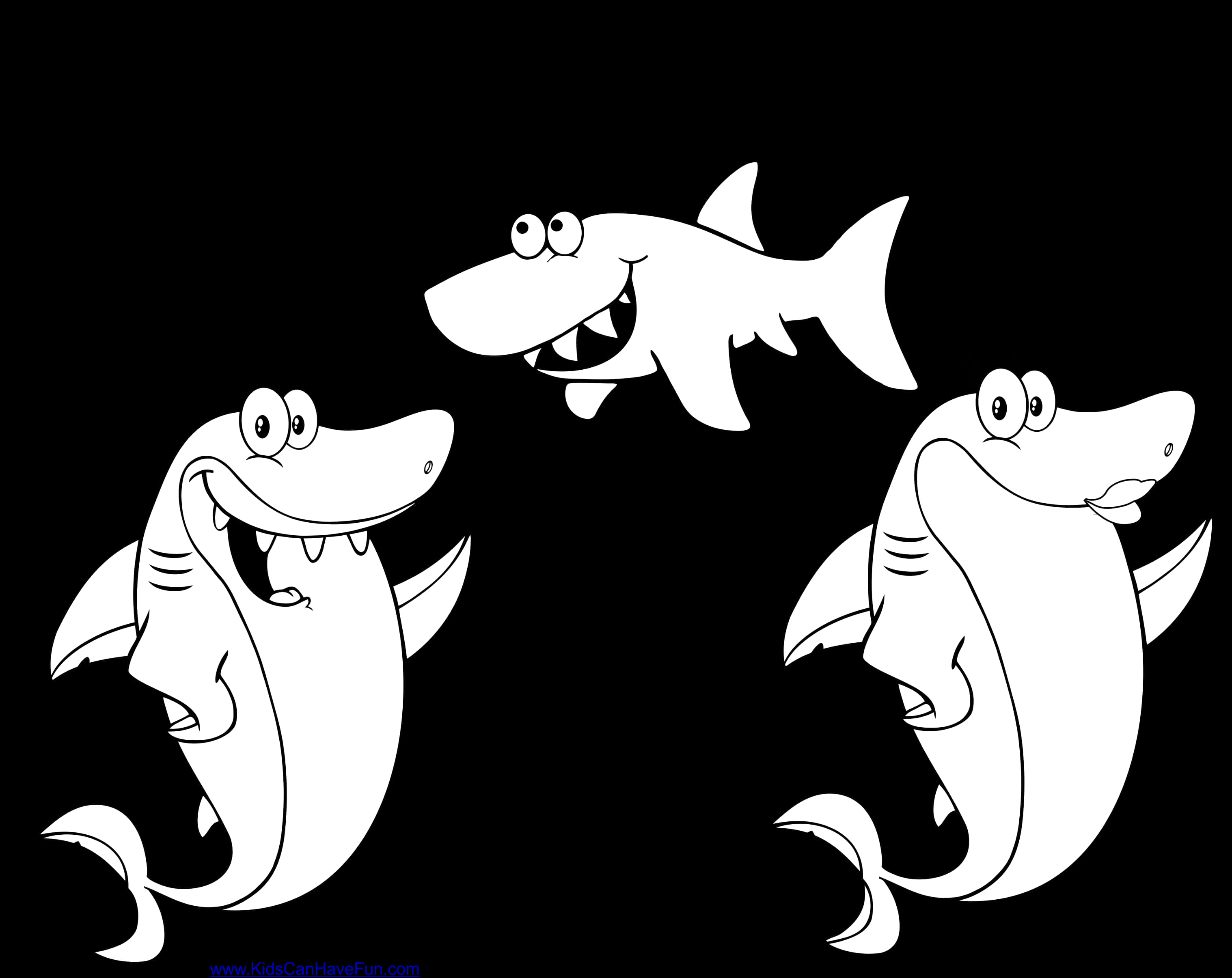 baby shark 桌布 壁紙 — 三條卡通鯊魚，大眼睛，咧嘴笑，在純黑色背景上歡快地游動。