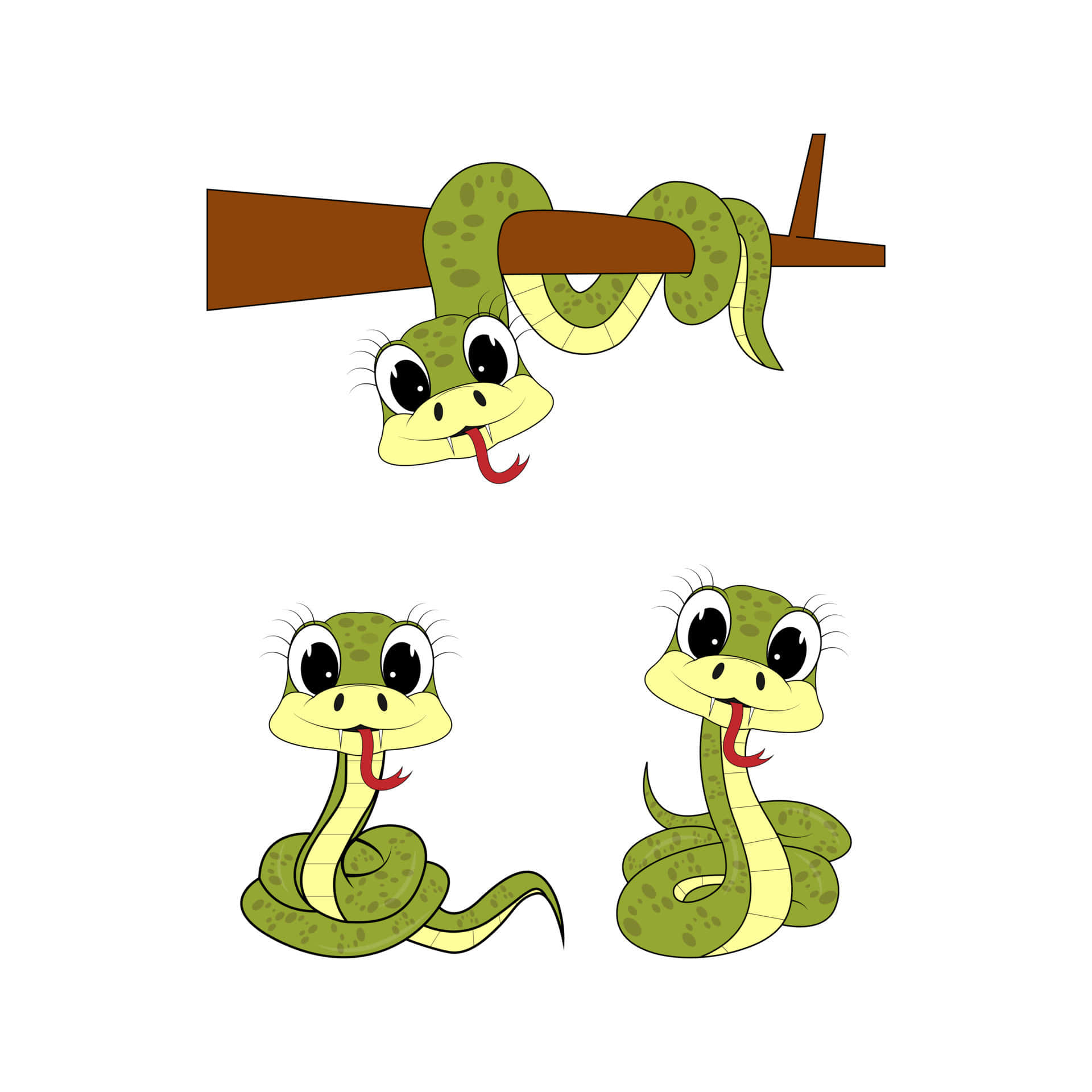 snakes 桌布 壁紙 — 三條可愛的卡通綠色蛇，有大眼睛和紅色舌頭，在樹枝和地面上頑皮地擺姿勢。