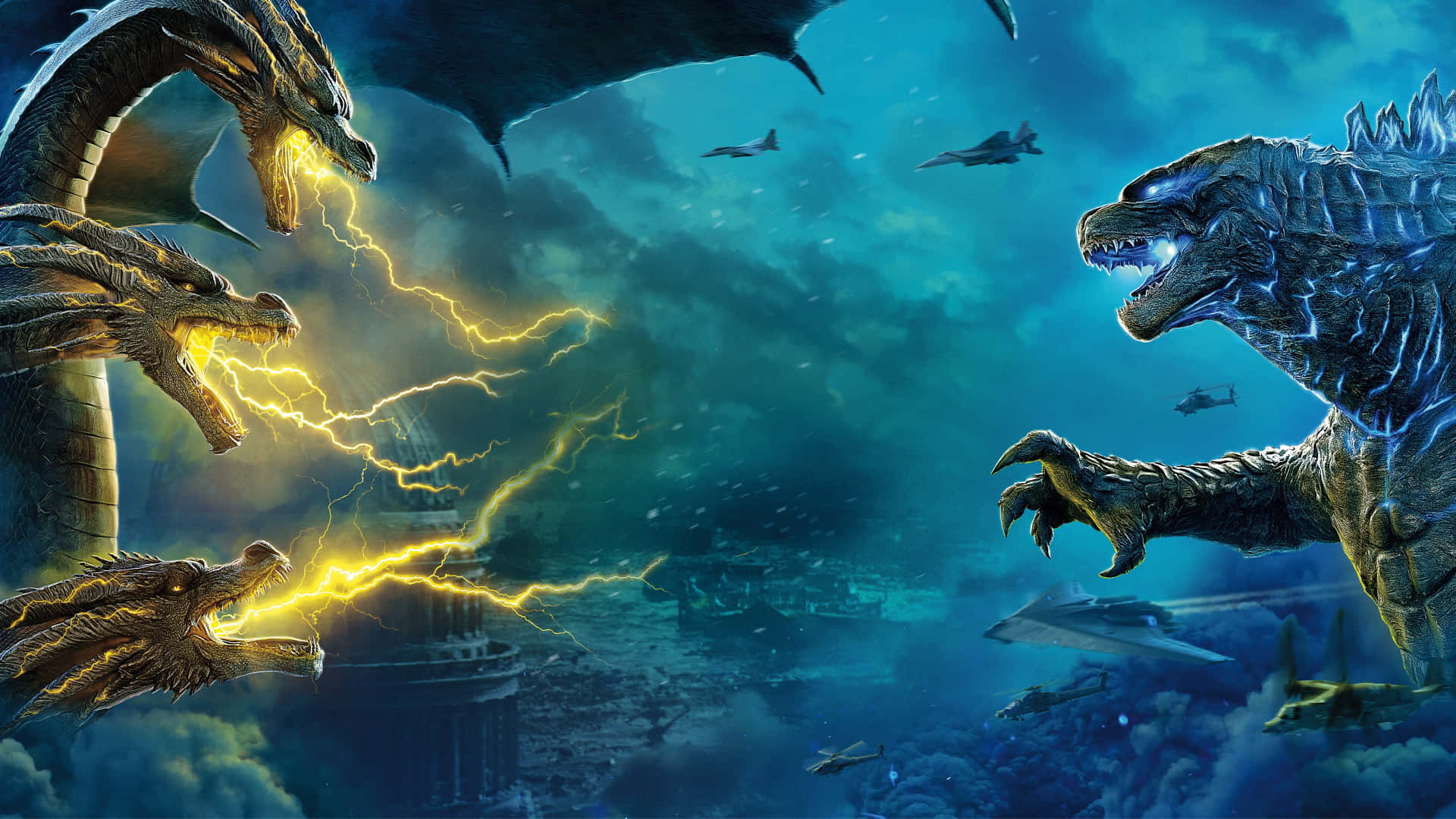 Godzilla City Destruction 桌布 壁紙 — 三條巨龍在風暴天空下的廢墟城市景觀中，對哥吉拉釋放電擊般的怒火。