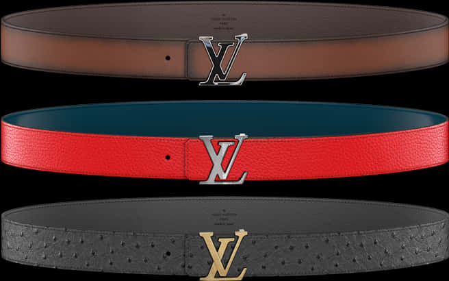 Louis Vuitton Pattern 桌布 壁紙 — 三條帶有字母組合扣環的奢華皮帶垂直展示在黑色背景上。